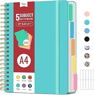 Hardcover Spiral Journal Notebooks for Work With Removable Dividers & Tabs, 8.5"x11" 5 Subject Notebook for Note Taking & Organizer, A4 College Ruled Lined Journal for Women & Writing, Aquamarine, 280 Pages