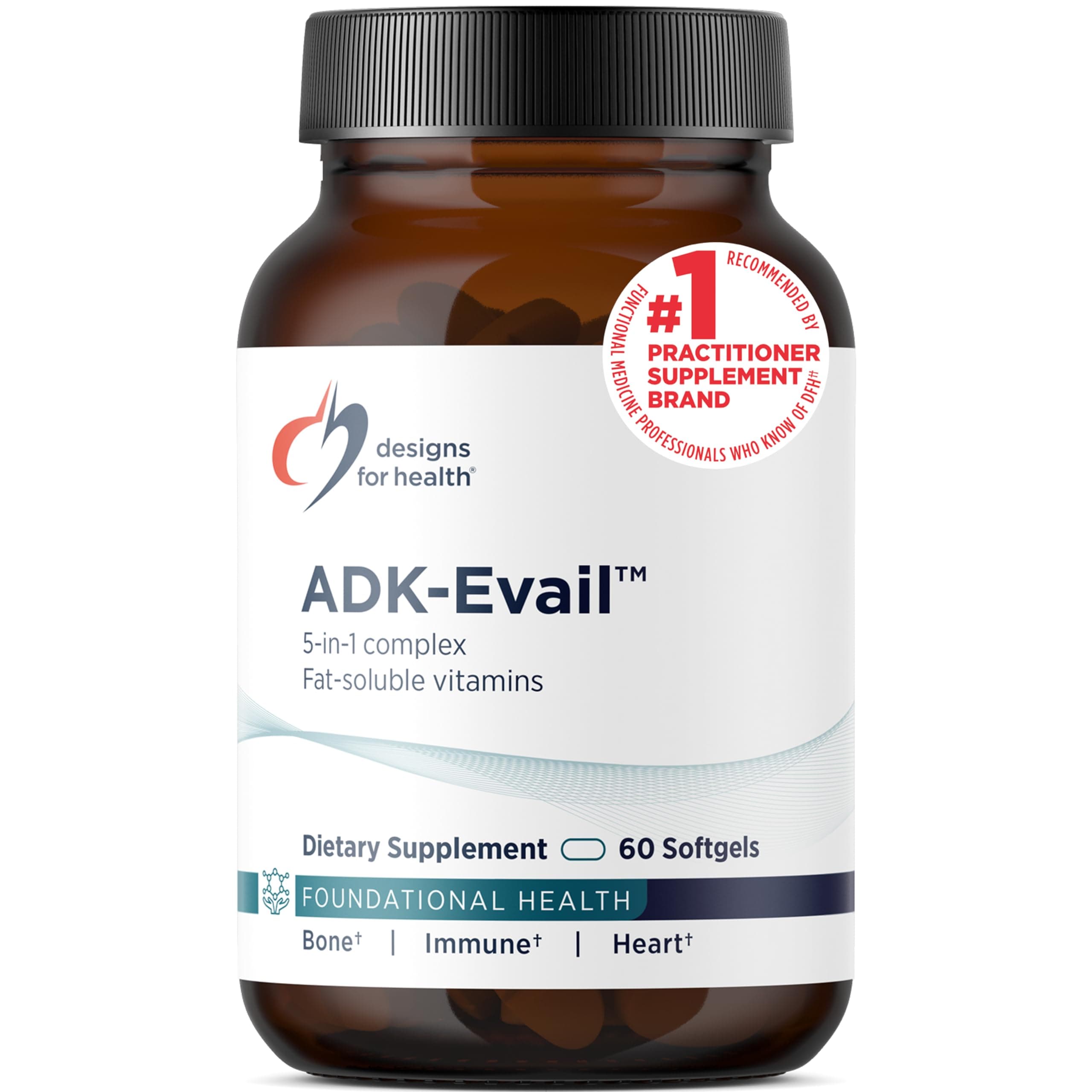 Designs for Health ADK Evail - 5000 IU VIT D3 with Vitamins A, E (Annatto Gamma Delta Tocotrienols), K (K1 + K2) - Fat Soluble Vitamin D Complex - Bone + Immune Support - Non-GMO (60 Softgels)