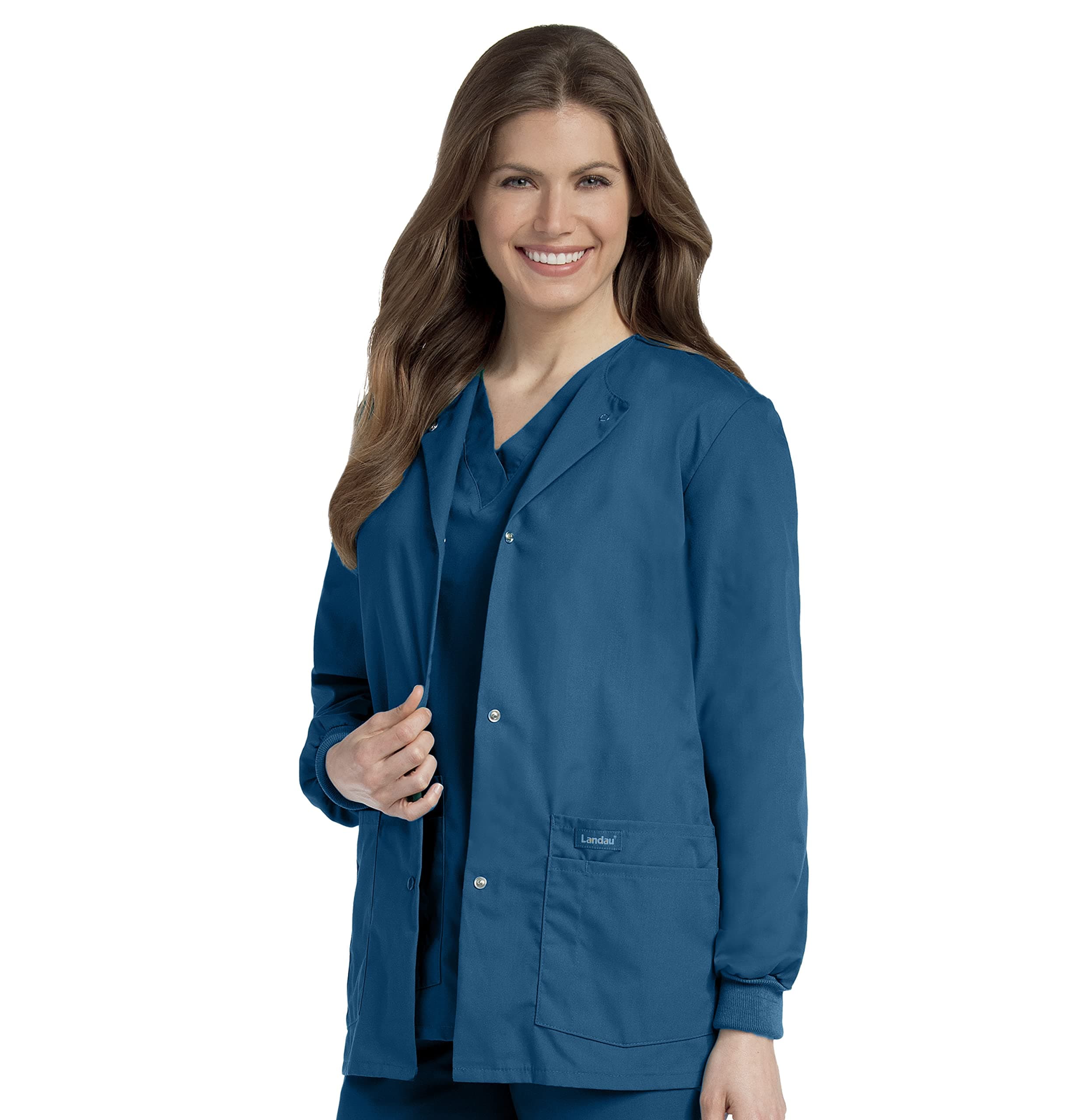 Landau Essentials Relaxed Fit 4-Pocket Snap-Front Scrub Jacket for Women 7525