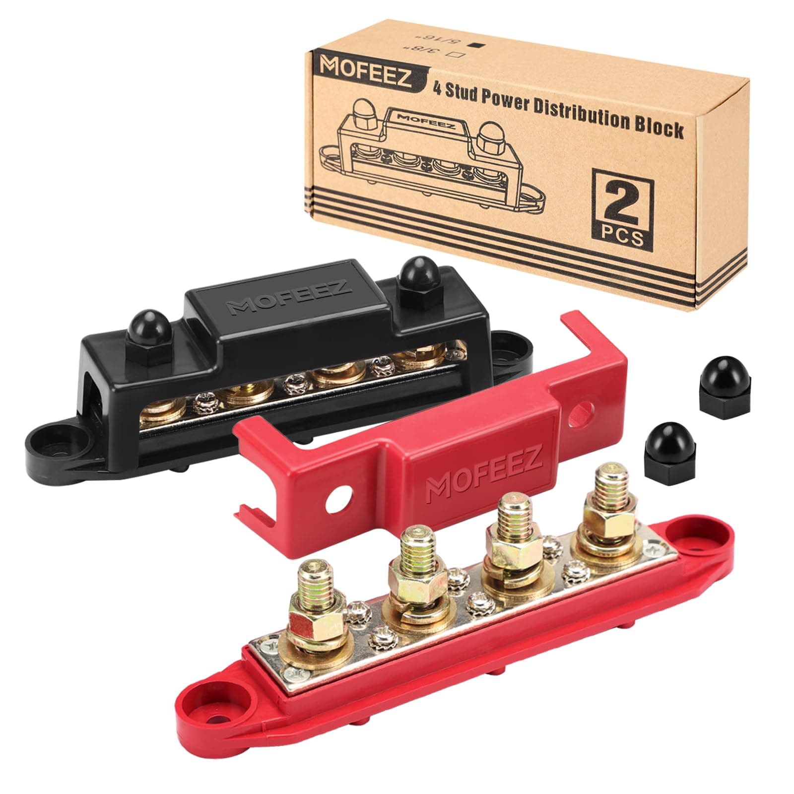 - MOFEEZ Power Distribution Block Bus Bar, 4 x 3/8" Posts, 6 x #8 Screws Terminals, Max 48V 250A (Pair, Red & Black)