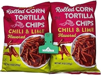Trader Joe's Rolled Corn Tortilla Chips Chili & Lime Flavored with Grafton Way Chip Clip (2 Pack)