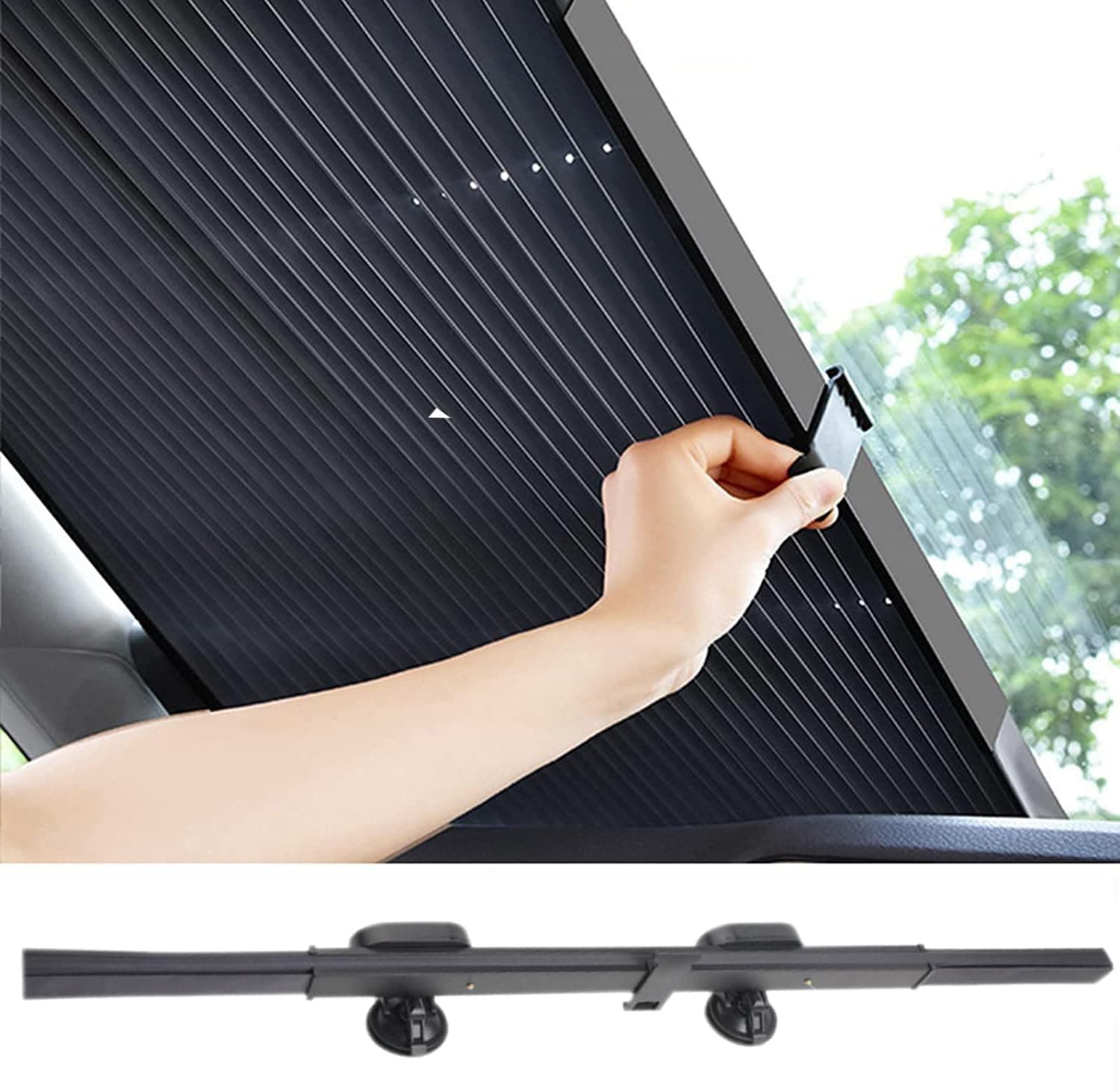 KASTWAVE Retractable Windshield Sun Shade for Car, 65CM Large Foldable Sun Visor Protector, Blocks 99% UV Rays and Heat, Auto Sunshade Fits Front Rear Window with Double Suction Cups, Black