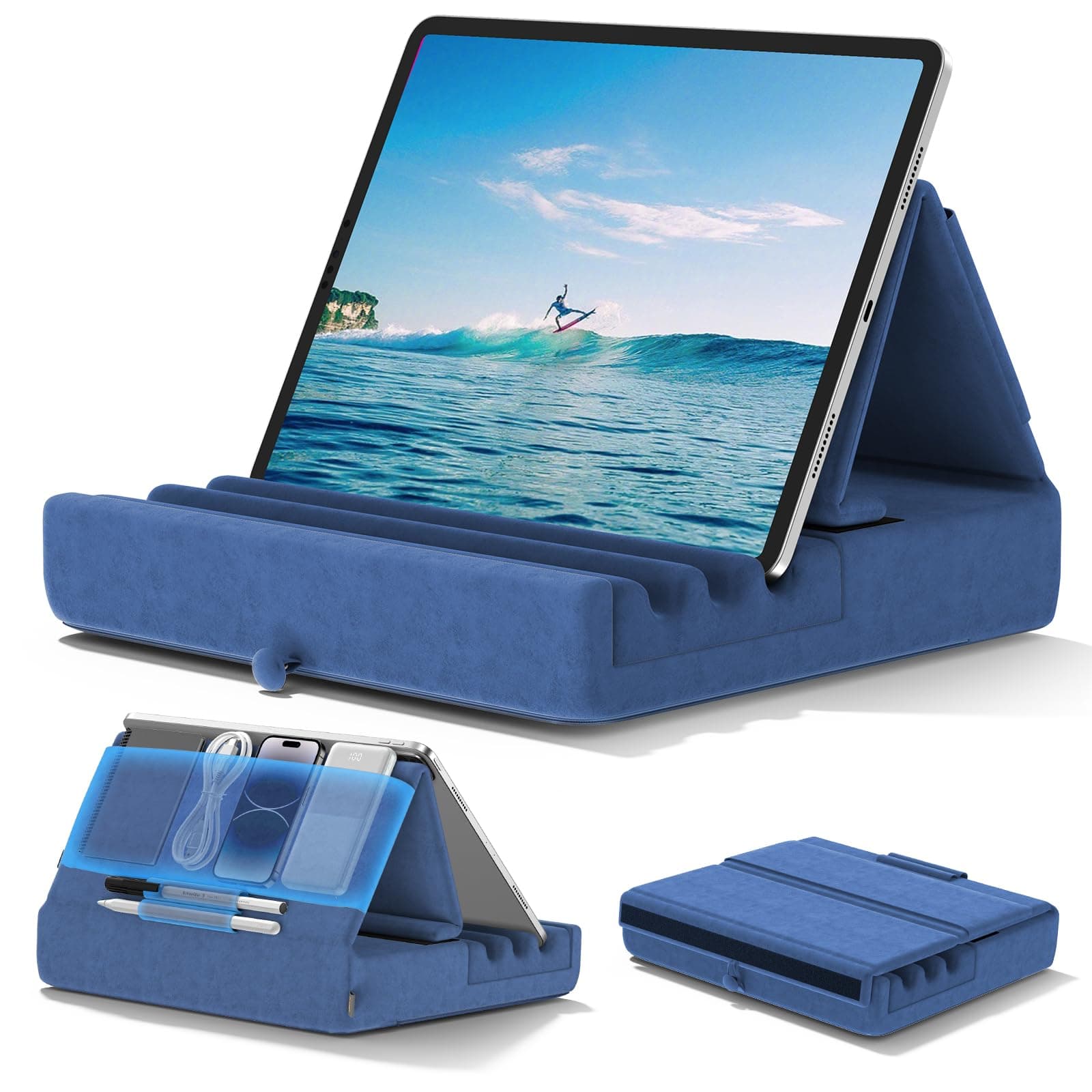 KDD Tablet Pillow Holder, Foldable iPad Stand for Lap, Bed and Desk -Tablet Soft Pad Dock with Pocket & Stylus Mount Compatible with iPad Pro 12.9, 10.5, 9.7 Air Mini 6 5 4 3, Galaxy Tab,E-Reader