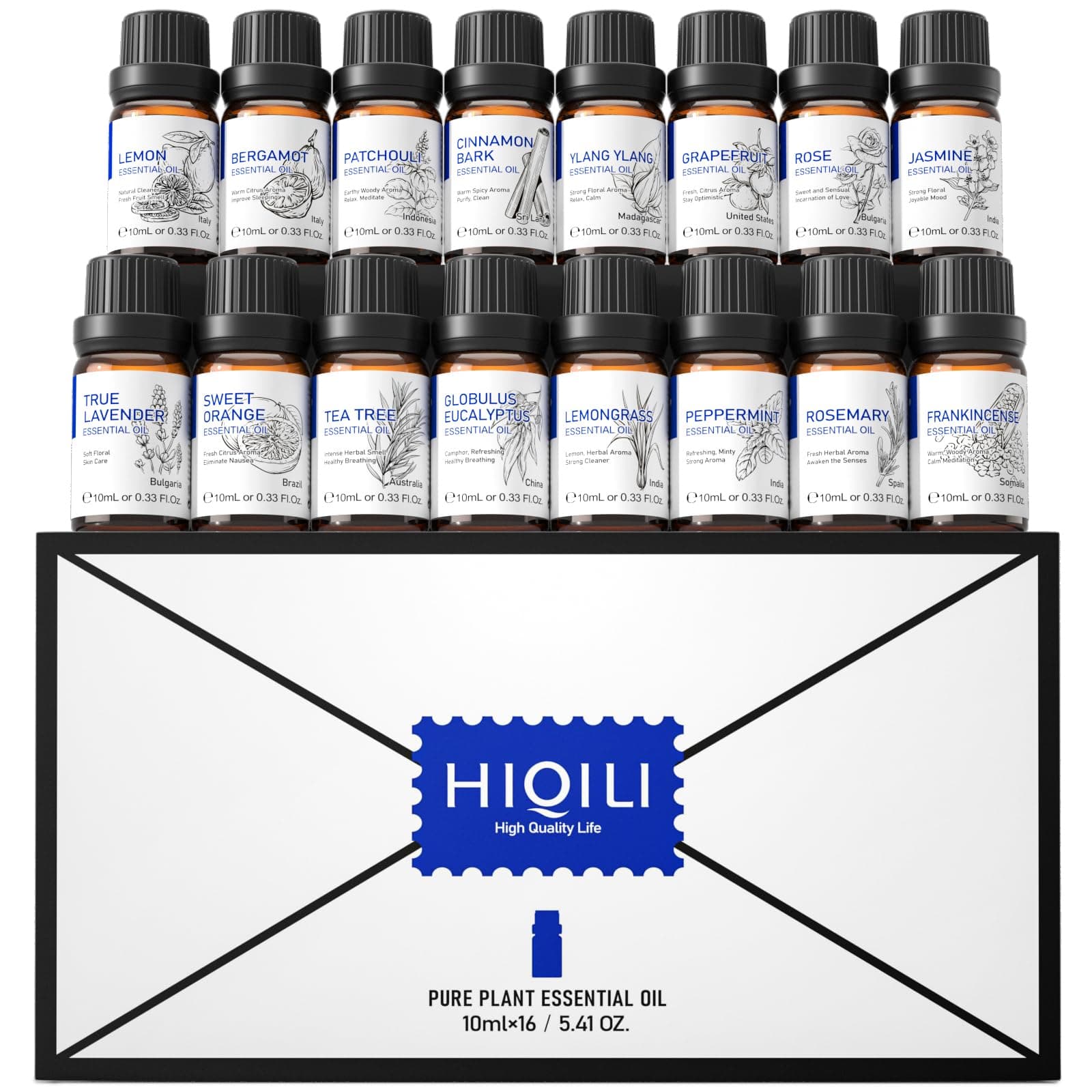 HIQILI Essential Oils，Top 16 Diffuser Oil Gift Set-10ML*16 Pack for Aromatherapy Home，Candle Making Scents，Skin Care，Hair Care