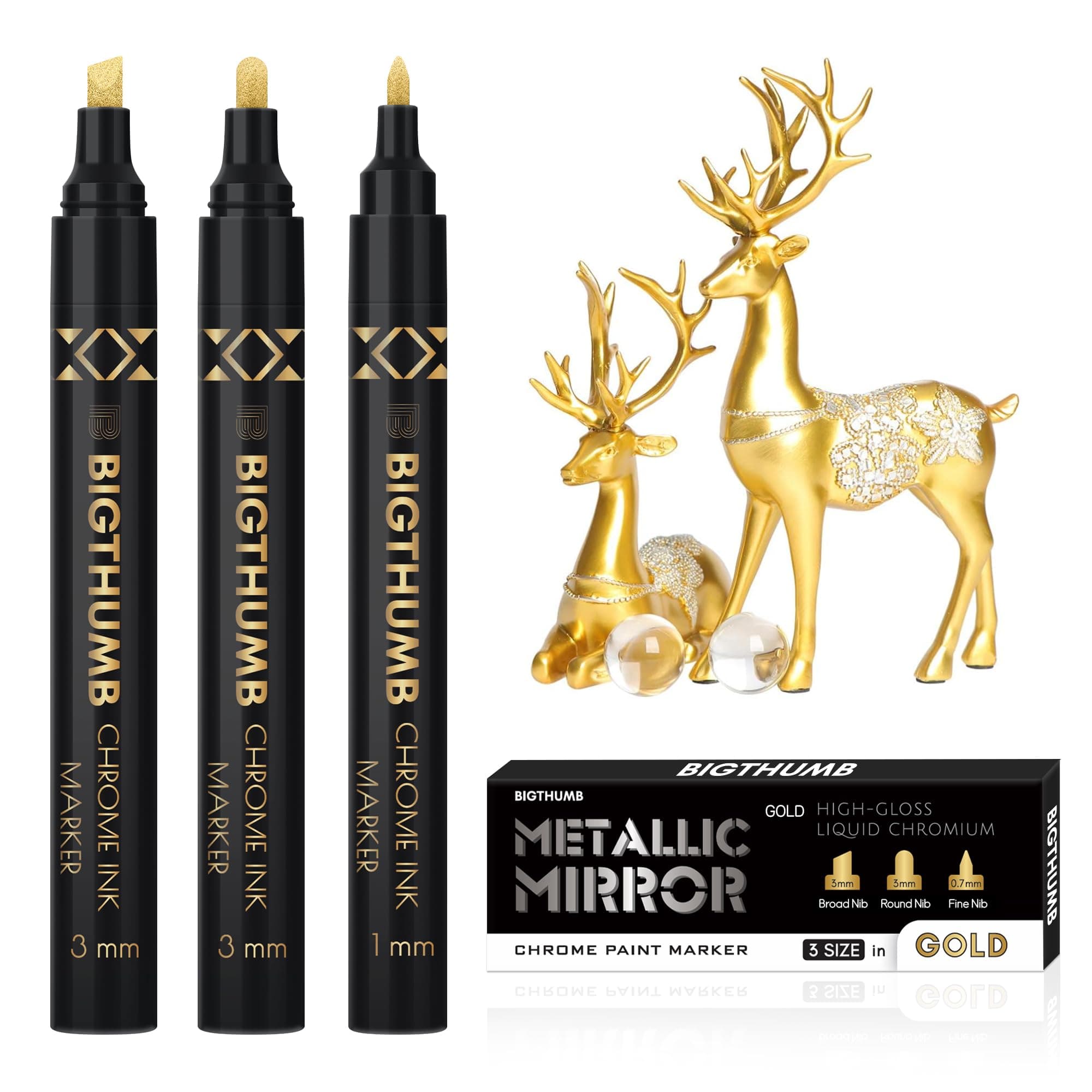 BIGTHUMB 3Pcs Liquid Chrome Paint Markers, Gloss Mirror Marker, Oil-based Permanent Chrome Maker, Reflective Metallic Pen Markers for Repairing, Model Painting DIY Art Projects, Gold
