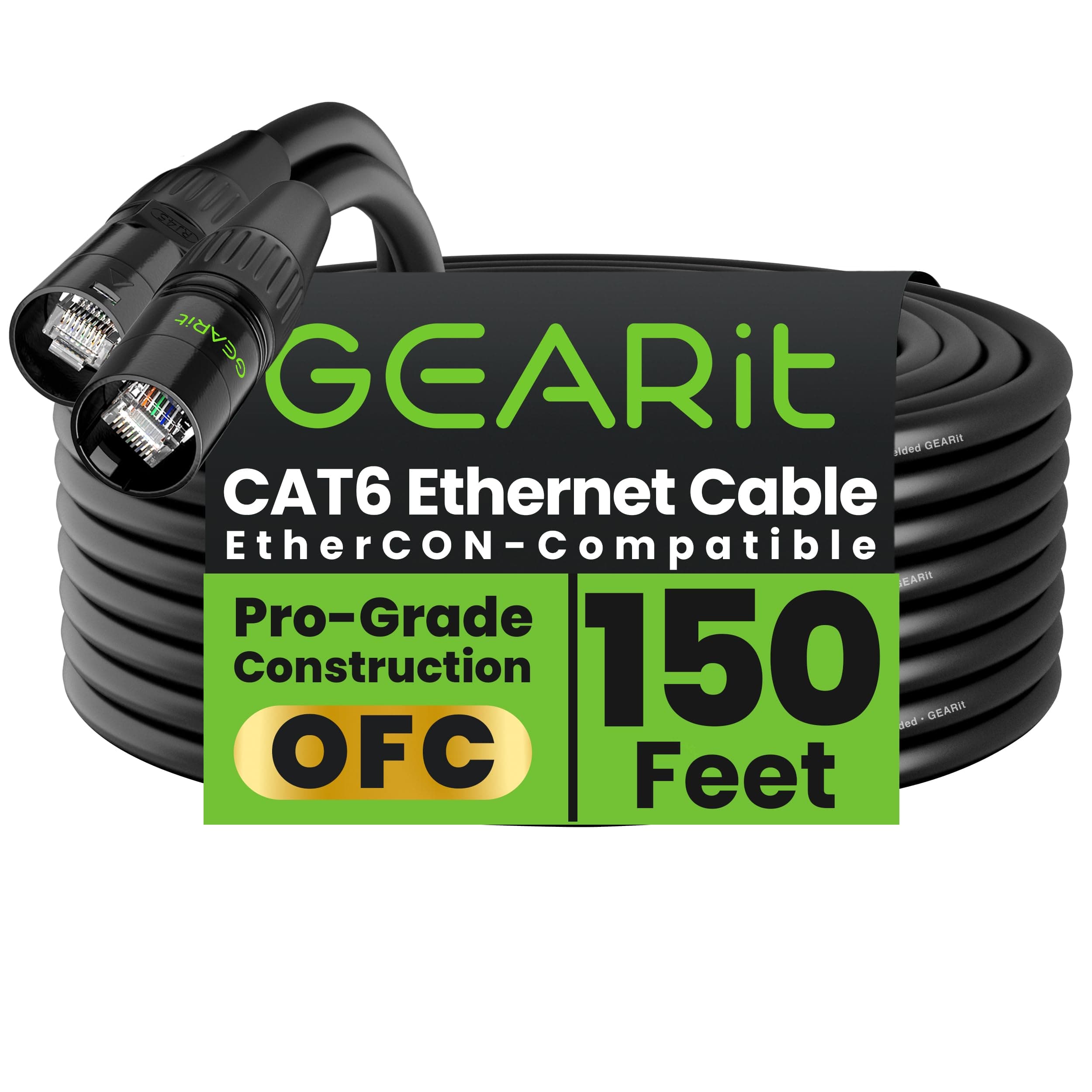 GEARit Shielded CAT6 Ethercon Cable (150 Feet) Professional Audio & Lighting RJ45 EtherCON-Compatible Cable for Studio, Stage, Concerts - 150ft Black