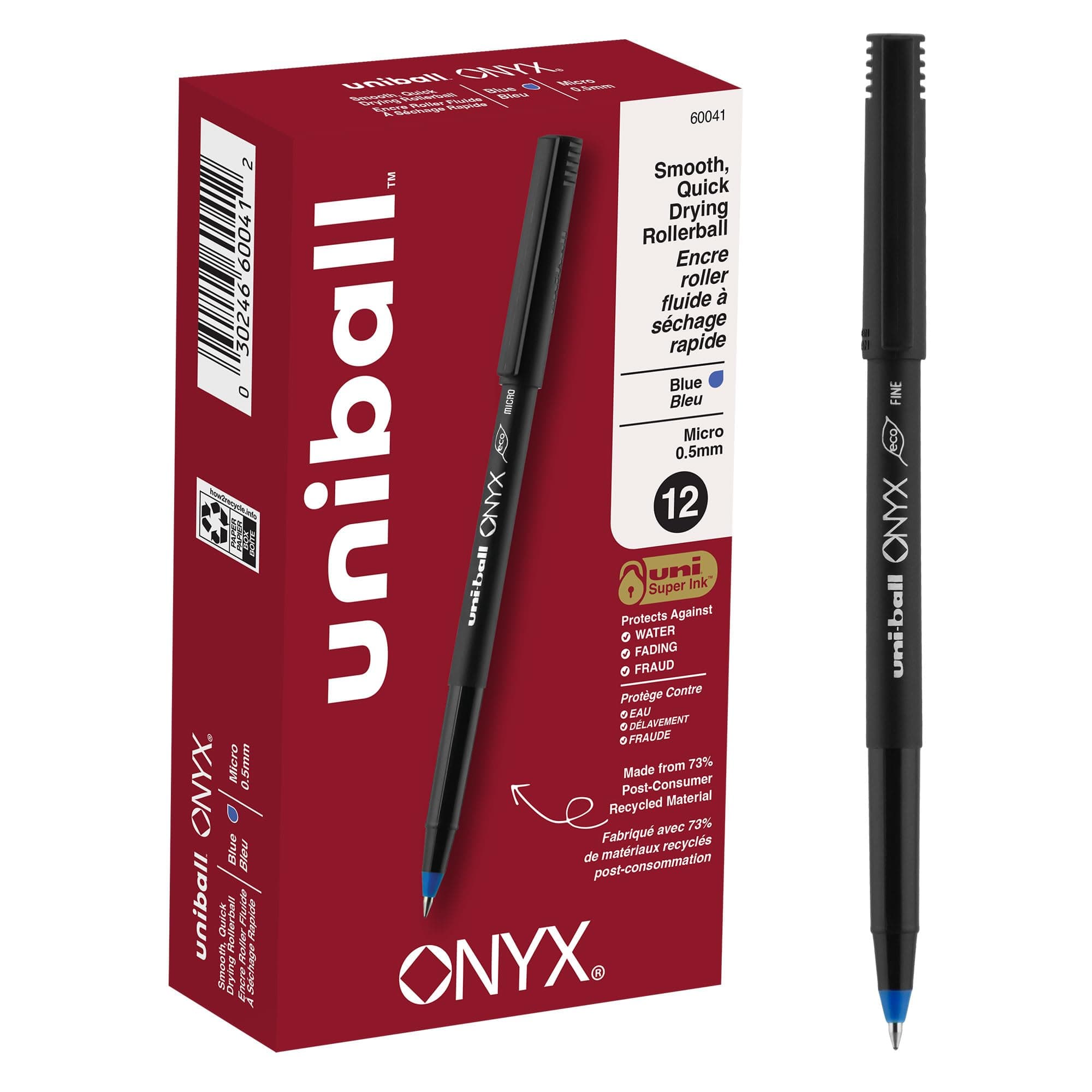 Onyx® Rollerball Pens, Micro Point, 0.5 mm, Black Barrel, Blue Ink, Pack Of 12
