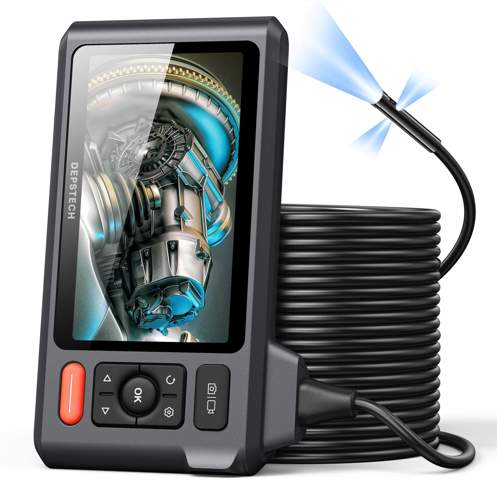 Triple Lens Endoscope Camera with Light with 50FT Semi-Rigid Cable, DEPSTECH 5" IPS Screen Sewer Inspection Camera, 1080P Industrial Borescope, Split Screen, Waterproof Drain Pipe Tool, Carrying Case