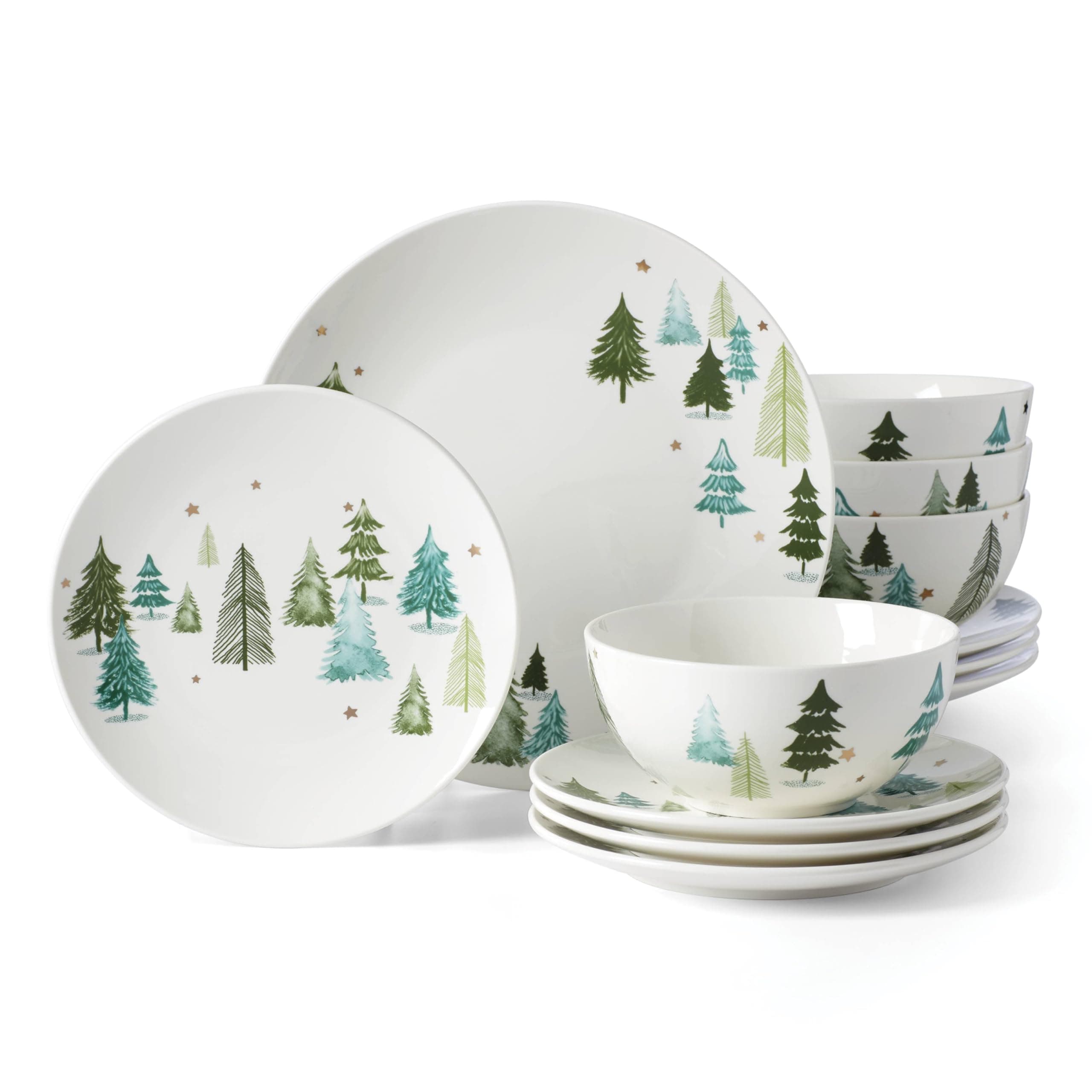 Dinnerware, Balsam Lane 12-Piece Dinnerware Set, Service For 4, Porcelain, Dishwasher & Microwave Safe, Plates & Bowls Sets, Christmas, Holiday Hosting, Home and Kitchen (White/Green, 12 Piece)