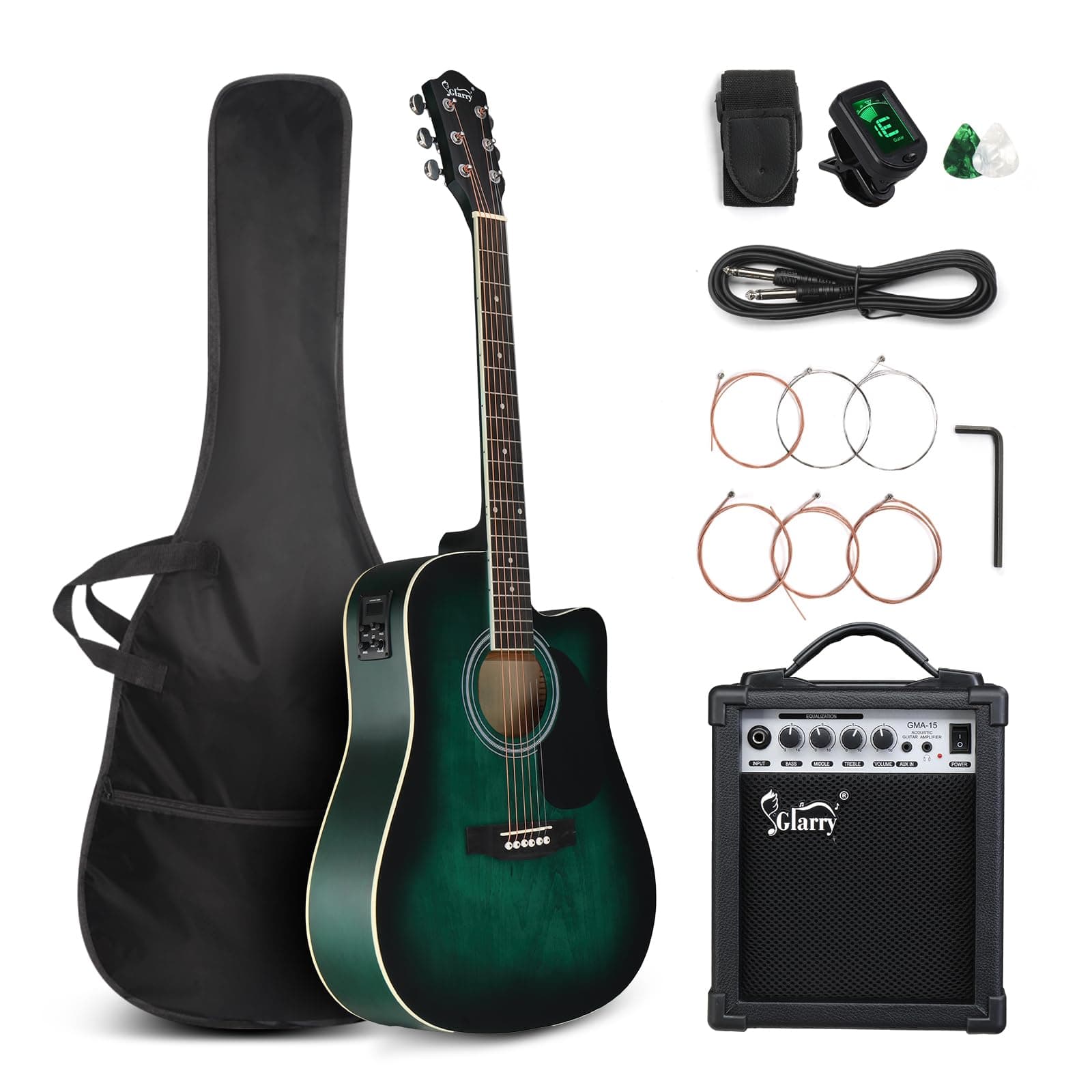 Full Size 6 Strings Acoustic Electric Guitar Beginner Kit w/ 15W Amp, Cutaway 41 Inch Electric Acoustic Guitar w/Inbuilt Tuner, Bag, Strap, Picks, Strings, Basswood Guitarra, Distressed Green