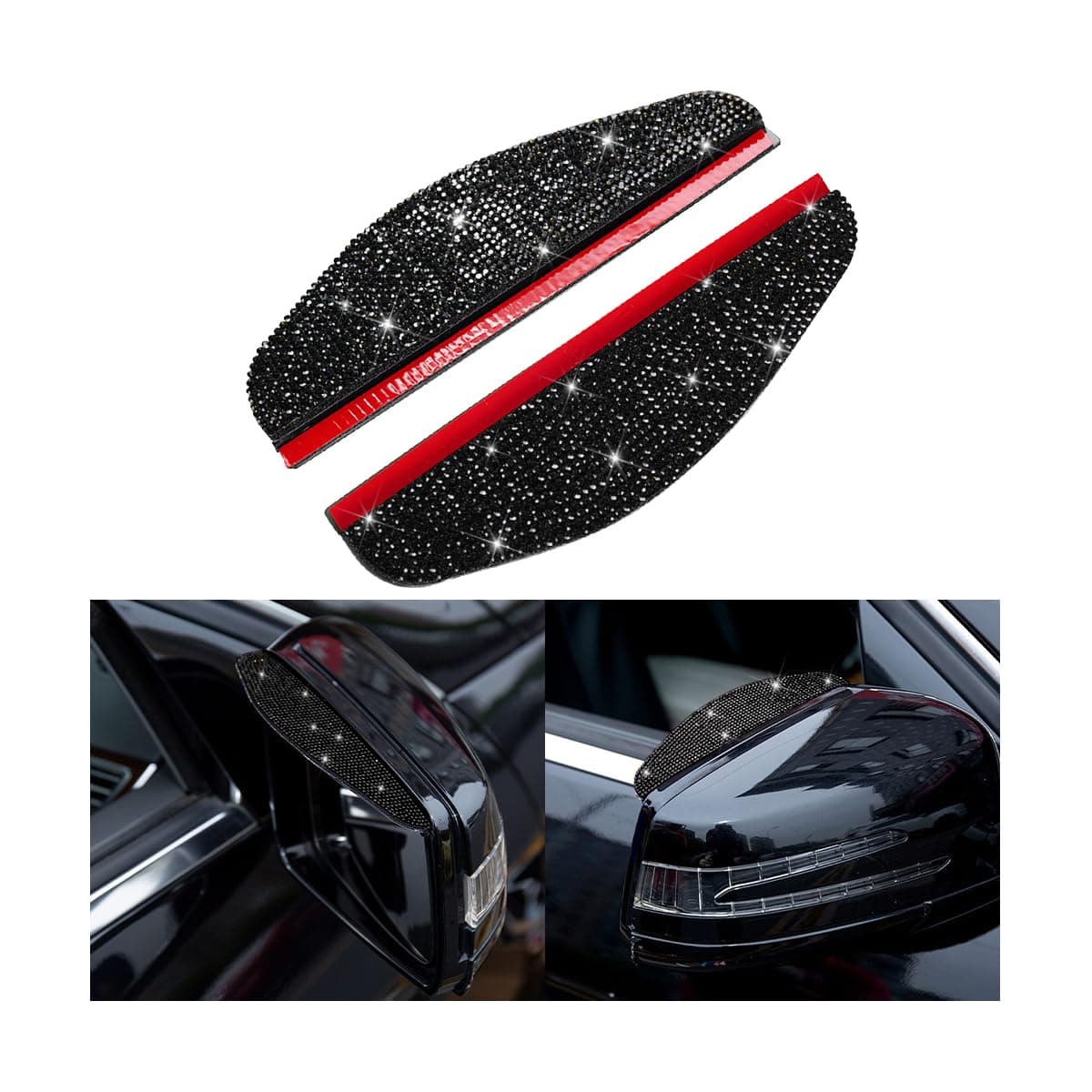 2PCS Car Rearview Mirror Rain Eyebrows, Bling Crystal Rain Visor Guard, PVC Waterproof Auto Mirror Visor Smoke Shade Cover, Automotive Exterior Accessories Decor (Black)