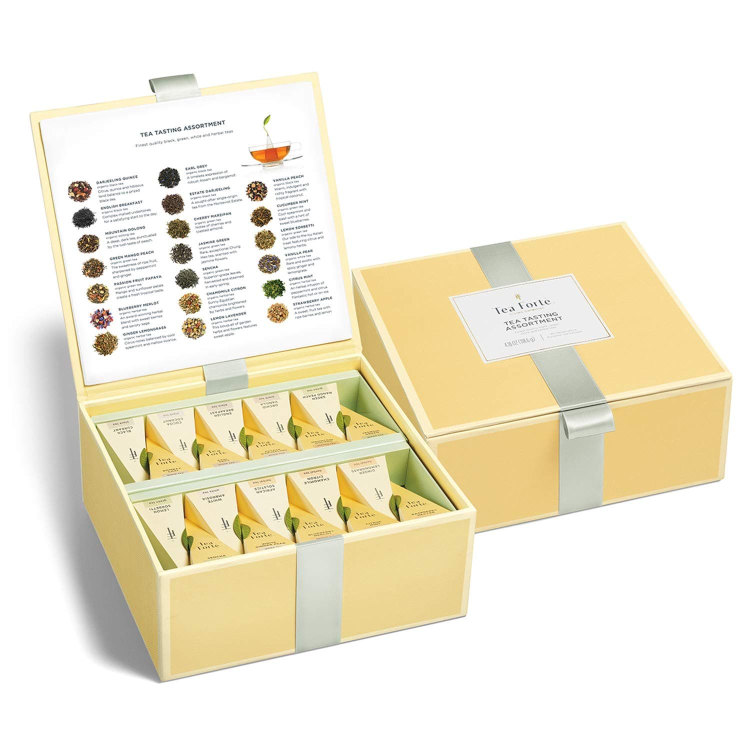 Organic Assorted Variety Tea Sampler, Tea Tasting Tea Chest Gift Box with 40 Handcrafted Pyramid Tea Infuser Bags, Black Tea, Herbal Tea, Oolong Tea, Green Tea, White Tea