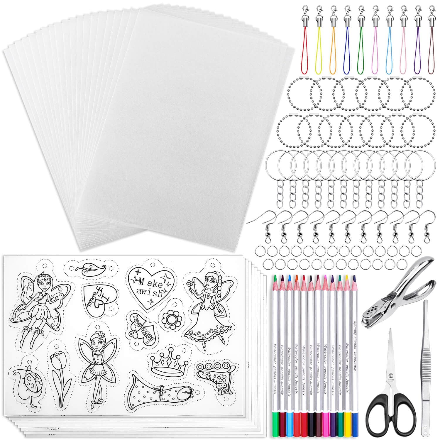 205 Pieces Shrinky Dink Keychain Kit, Include 20 Pcs Shrinky Dink Paper Sheets and 185 PCS Keychains Accessories for Creative Art Craft