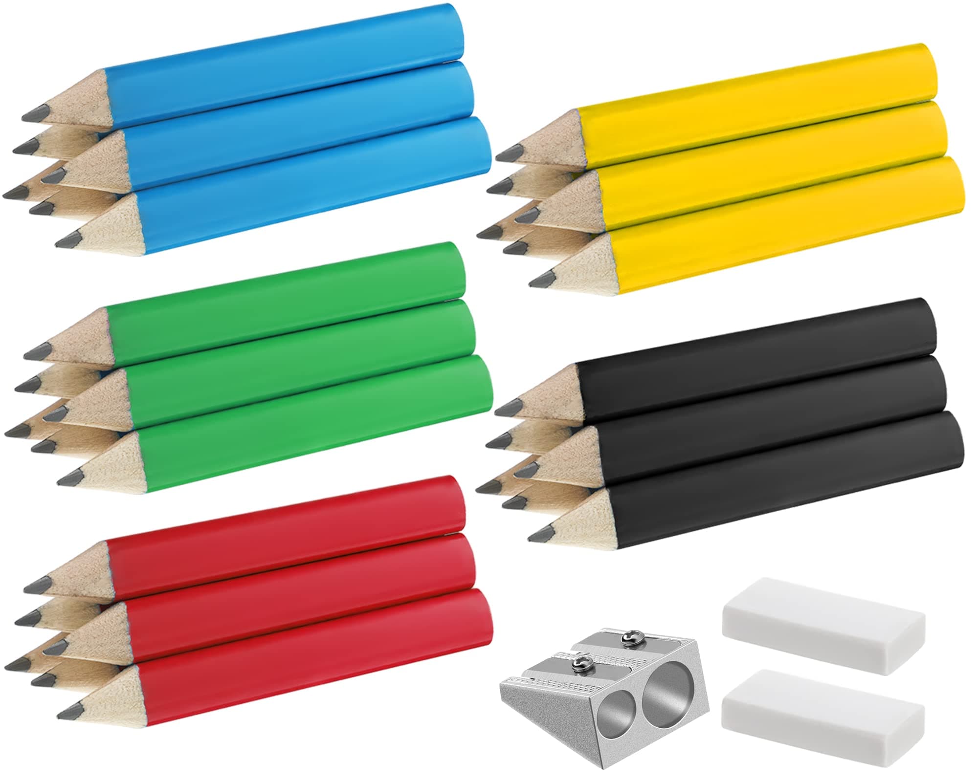 30 Pcs Short Triangular Fat Pencils Bulk 3.5 Inch Wooden Triangular Jumbo Pencils with Sharpener and 2 Erasers for Preschoolers, Kindergarten, Toddlers, Beginners and School(Vivid Colors)