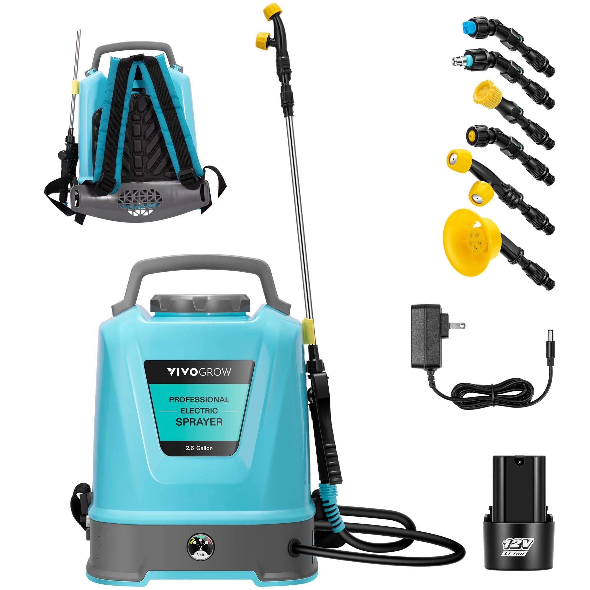 Backpack Battery Powered Sprayer, 2.6-Gallon/10L Electric Pump Sprayer with Six Nozzles, Adjustable Shoulder Strap and Spray Wand for Garden, Lawn and Other Cleaning, Blue