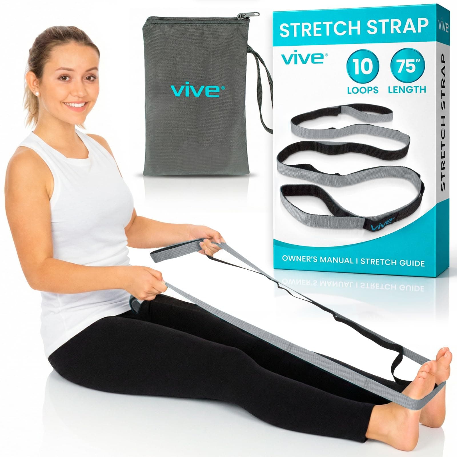 Vive Stretch Strap (75" - 10 Loops) - Leg Stretch Band to Improve Flexibility - Stretching Out Yoga Strap - Exercise and Physical Therapy Belt for Rehab, Pilates and Gymnastics with Guide Book