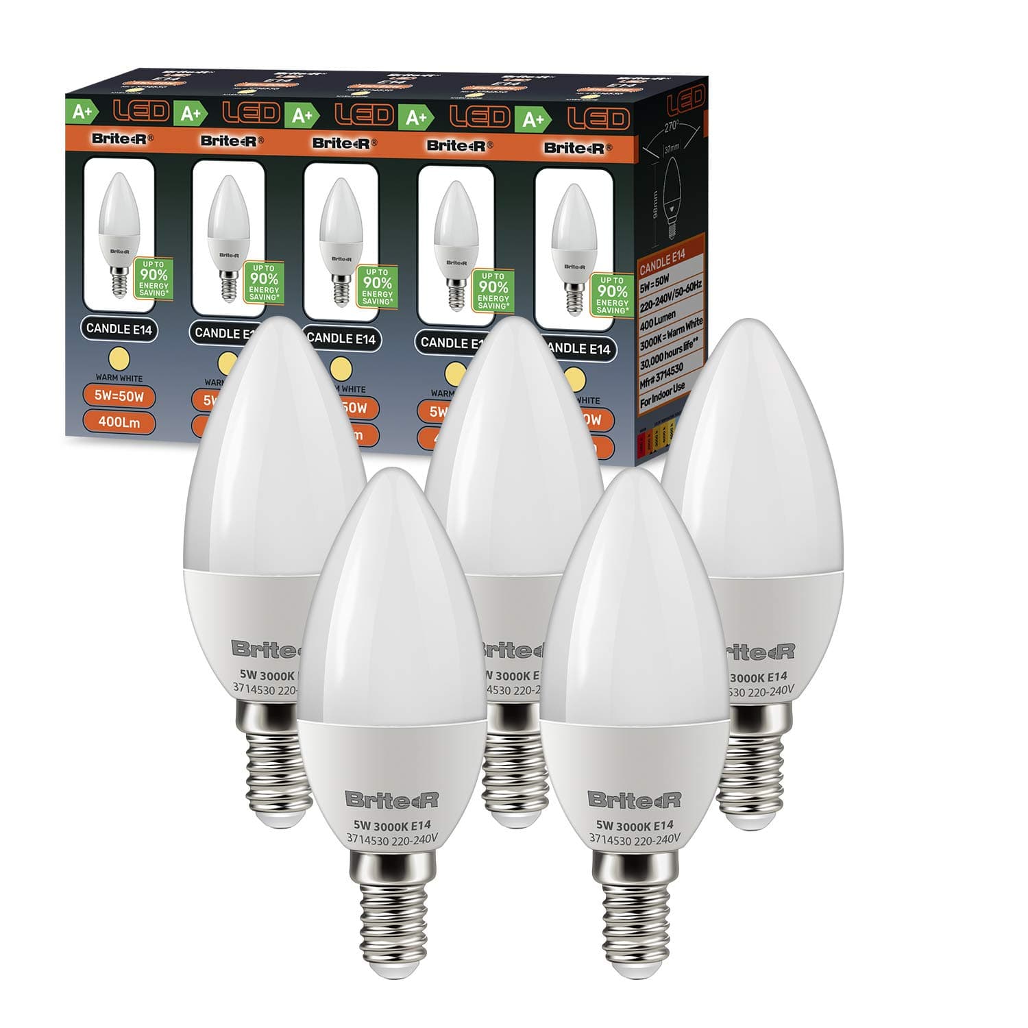 5X E14 SES Candle LED Bulbs 5W Warm White Brite-R 270° Beam 3000K 400lm 90% Energy Save* 50W Halogen Equiv Replacement Lamp AC220-240V Wide Angle Frosted Home Office Lighting UK Warranty Pack of 5 [Energy Class A+]