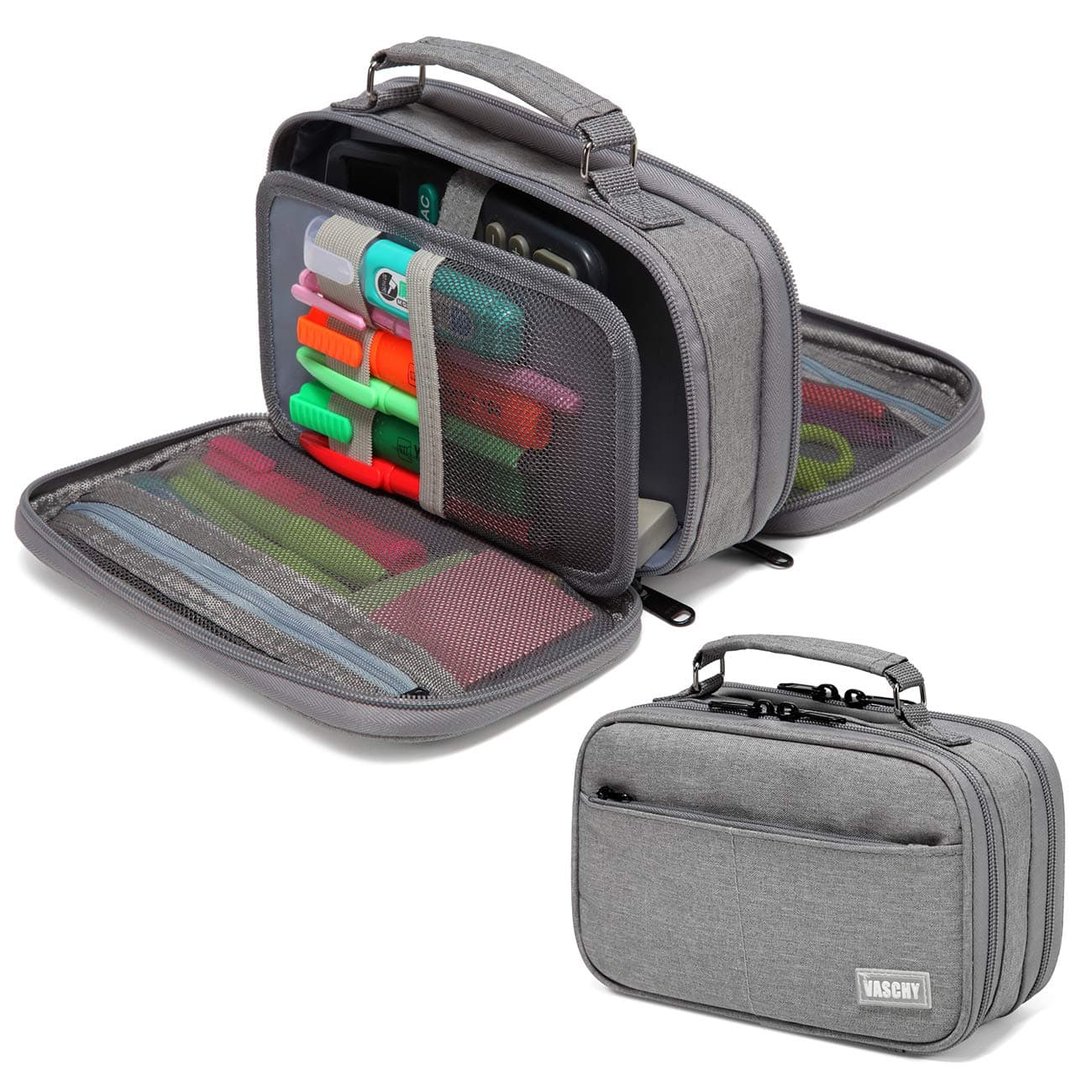 VASCHY Pencil Case, Large Pencil Pouch with Compartments for Middle School,Work,Office Pen Organizer Holder School Supply Gray