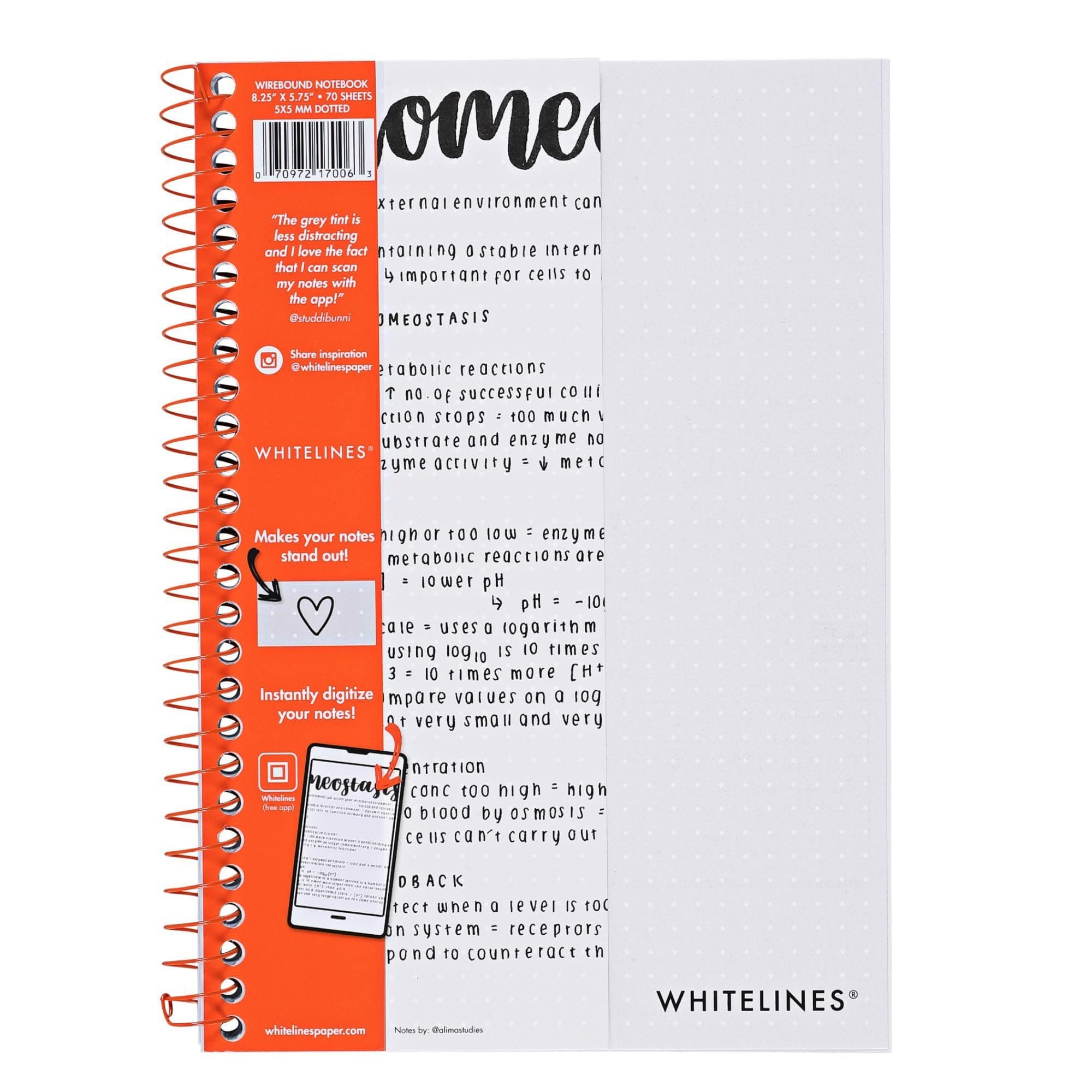 Whitelines Spiral Bound Journal, Dot Ruled, 70 Sheets, 8.25" x 5.75", FREE App to Digitally Download Your Notes