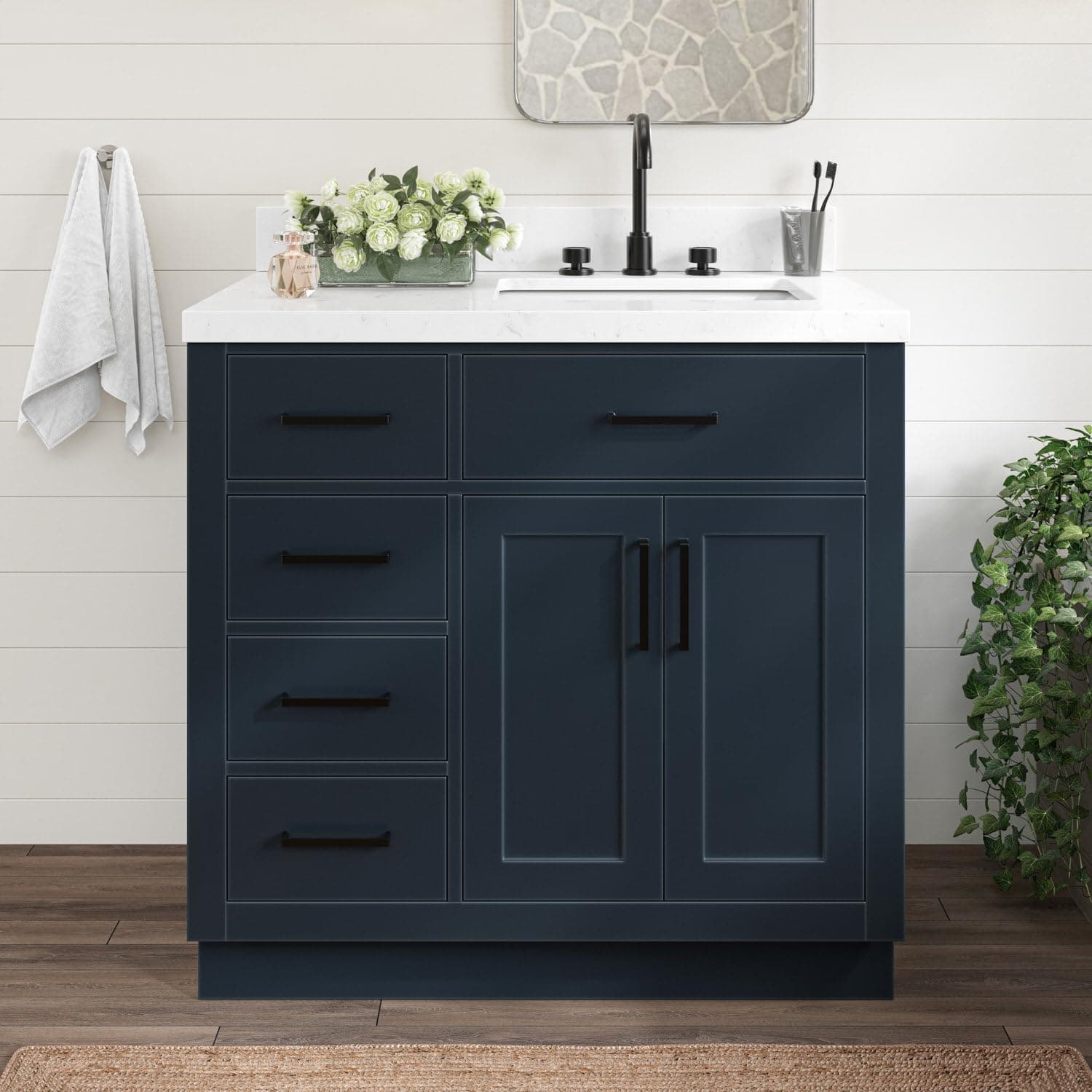 ARIEL Hepburn 36-inch Bathroom Vanity with Sink,Solid Wood, 1.5-inch Carrara White Quartz Countertop, Single Rectangular Porcelain Sink, 2 Soft Closing Doors, 5 Dovetail Drawers, Midnight Blue