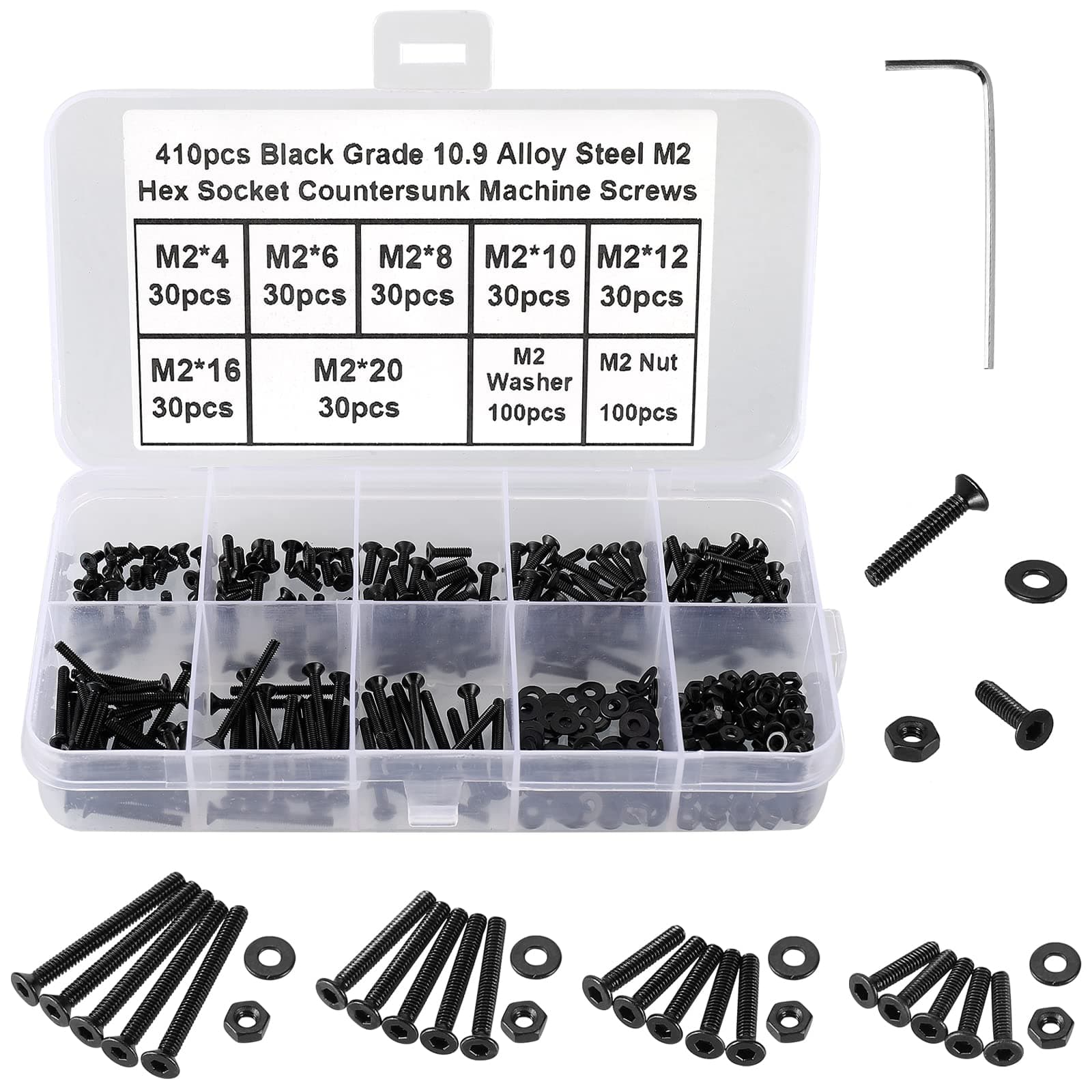 410Pcs M2 Bolts and Nuts Set,Countersunk Machine Screws, DIN 7991 Allen Screws,Black Bolts and Washers Set 10.9 Grade Alloy Steel Fully Threaded With 1 Allen Key.