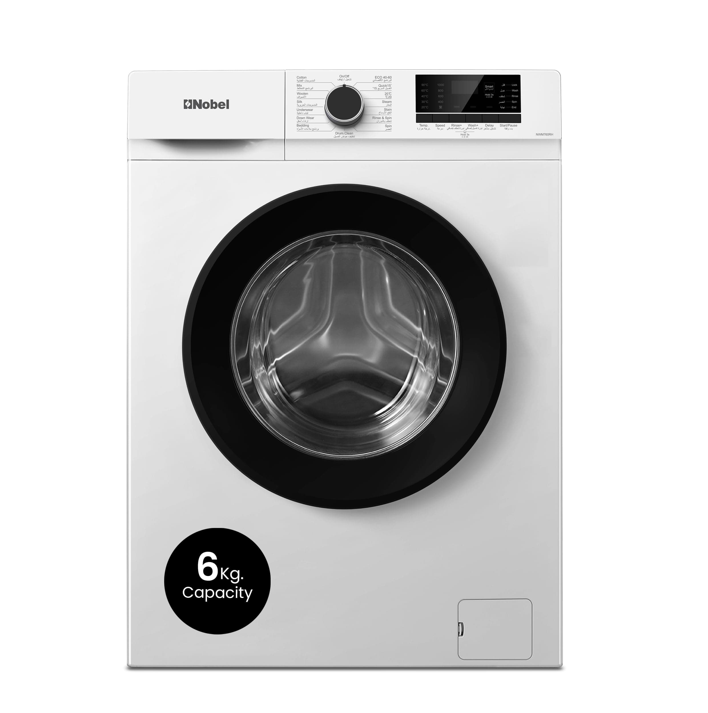 Nobel 6 Kgs Front Fully Load Automatic Washer, Knob And Button Control, LED Display, 15 Nos. of Programs, Universal Motor, Stainless Steel Drum Type, Over flow Safety, 60 x 46.5 x 84 cm NWM760RH White