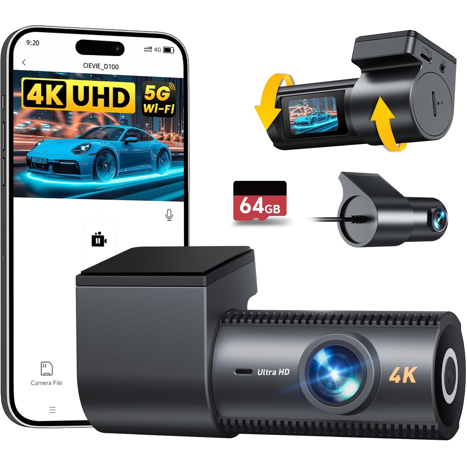 4K Dash Cam Front and Rear, 64GB SD Card, 1.5” IPS Display Car Camera, 5Ghz WiFi+App Control, Night Vision, 24H Parking Mode, G-Sensor, WDR, 170° Wide Angle, 4K+1080P Dual Dash Camera for Cars