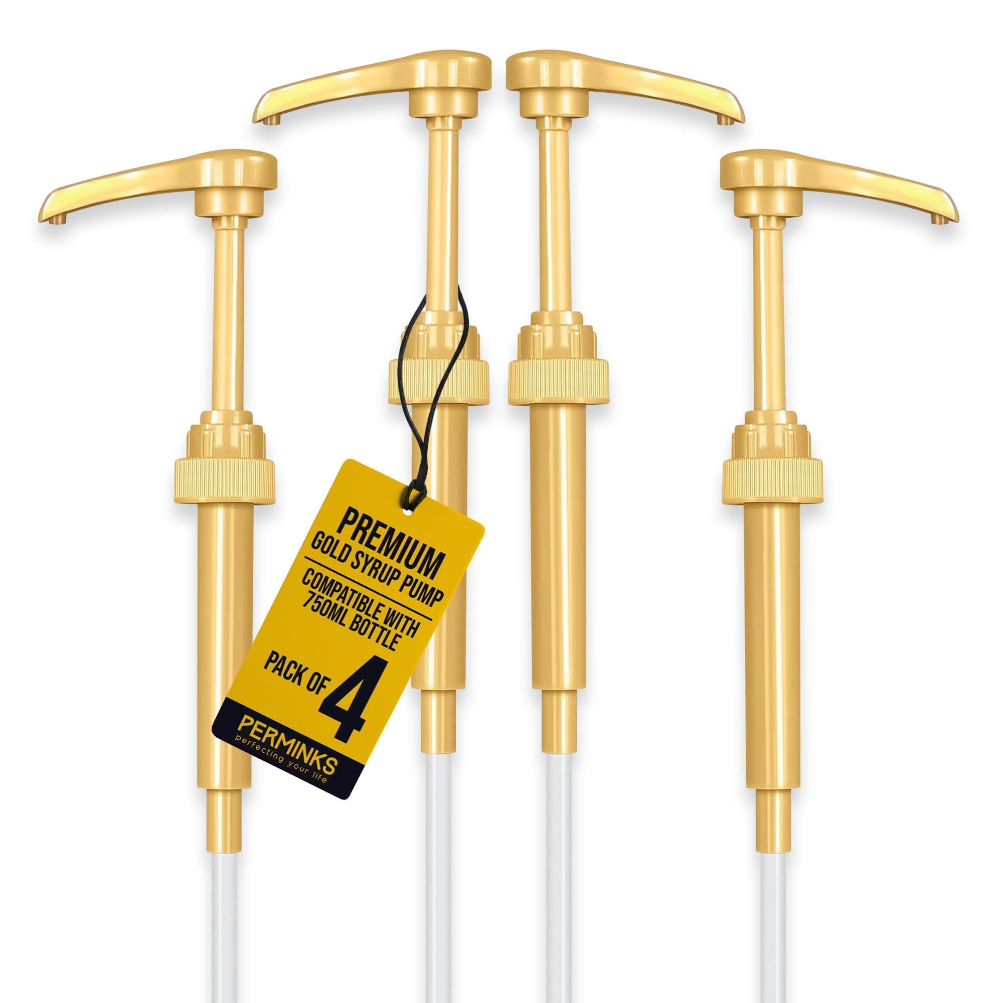 Premium Coffee Syrup Pump Dispenser, Fits 750ml Torani, Skinny & Davinci Bottles, Precise 1/4 oz Flow, Lockable Leak-Proof Design for Coffee Bar Accessories & Essential (4-Pack, Gold)
