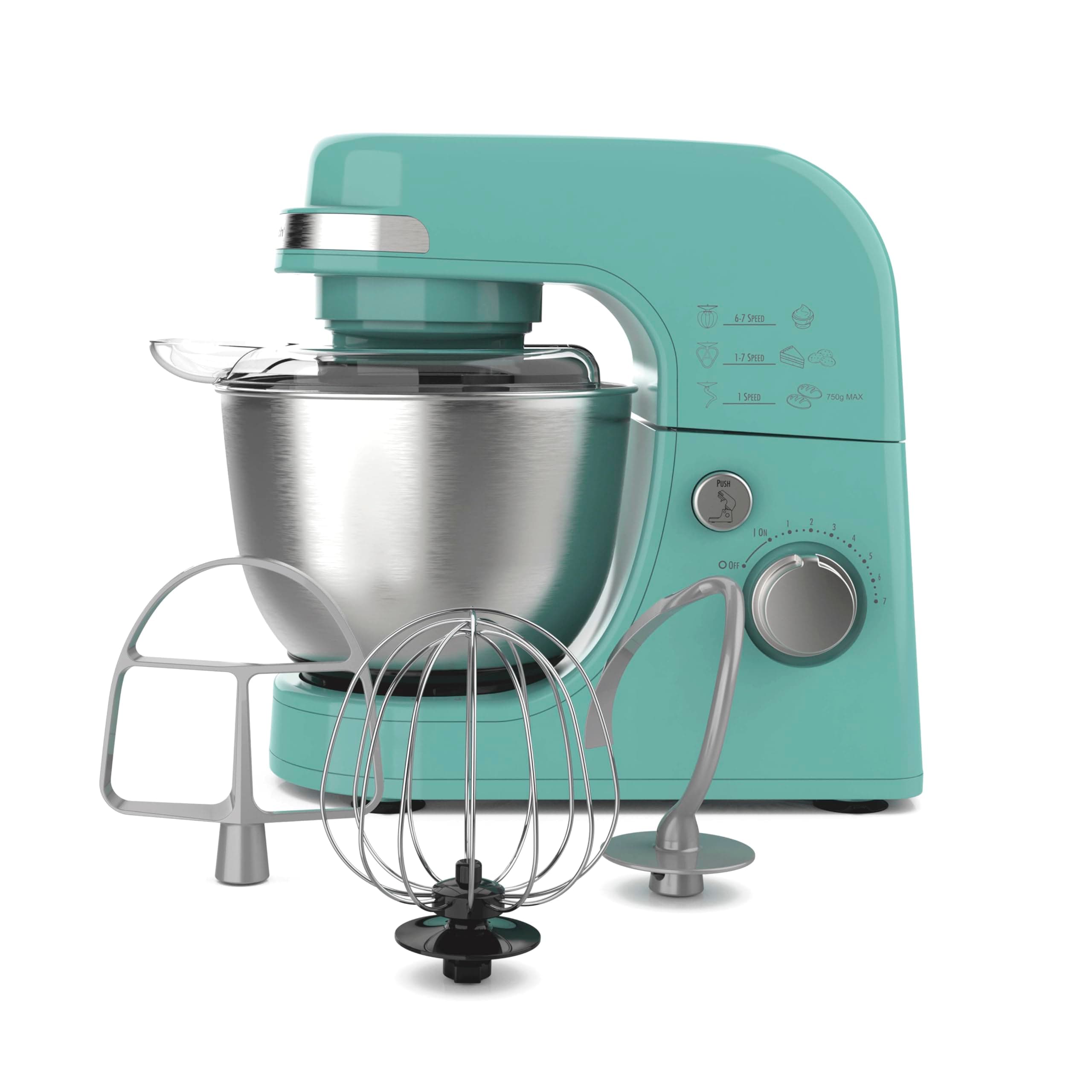 Electric Stand Mixer, 4 Quarts, Dough Hook, Flat Beater Attachments, Splash Guard 7 Speeds with Whisk, Aqua