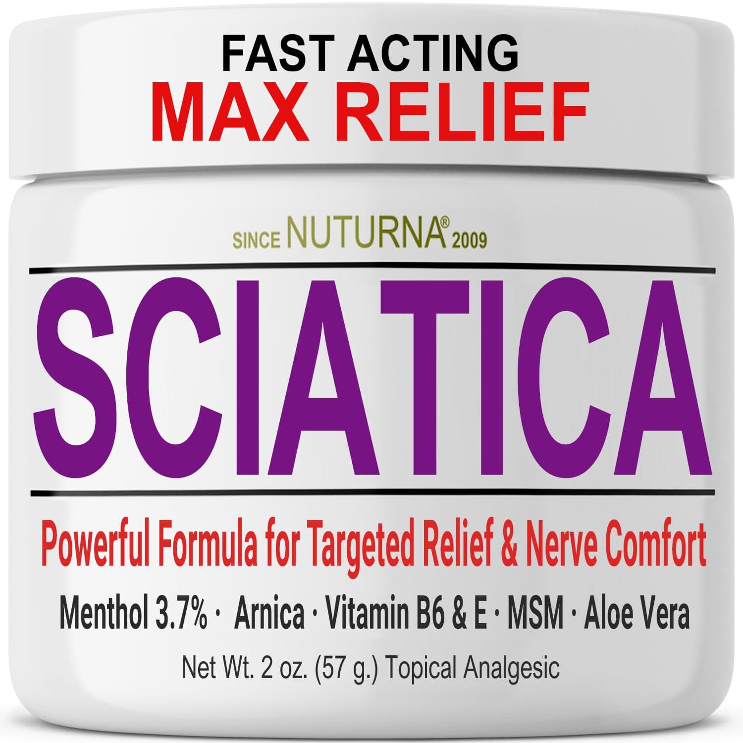 Sciatica Nerve Cream - Maximum Strength Comfort Cream for Feet, Hands, Legs, Toes, Back - Natural Ultra Strength Arnica, MSM, Menthol, Soothing Comfort, 2 Oz