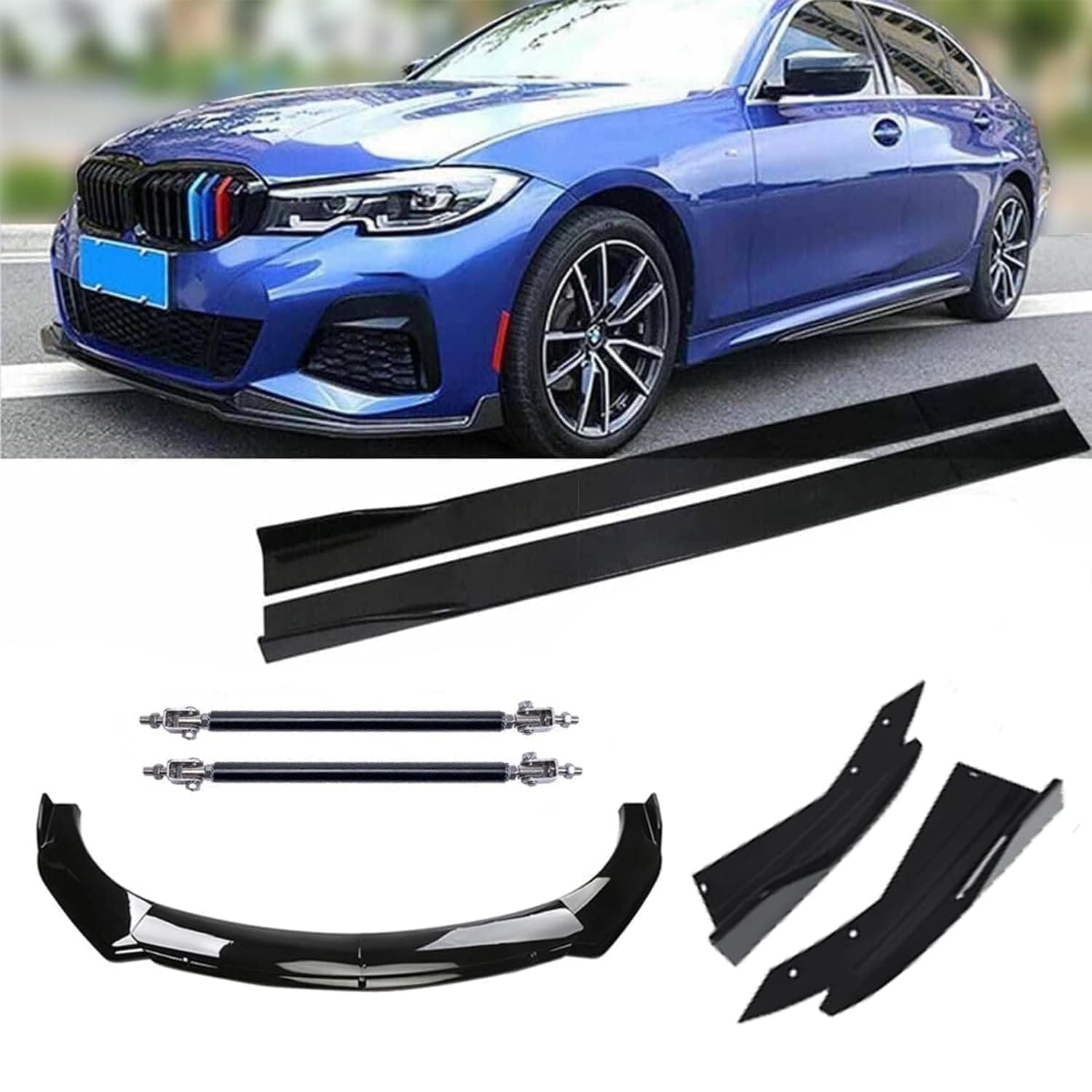 Fit for B-M-W1 2 3 4 5 6 Series Front Bumper Spoiler Splitter Body Kit+Side Skirt+Rear Glossy Black Adjustable