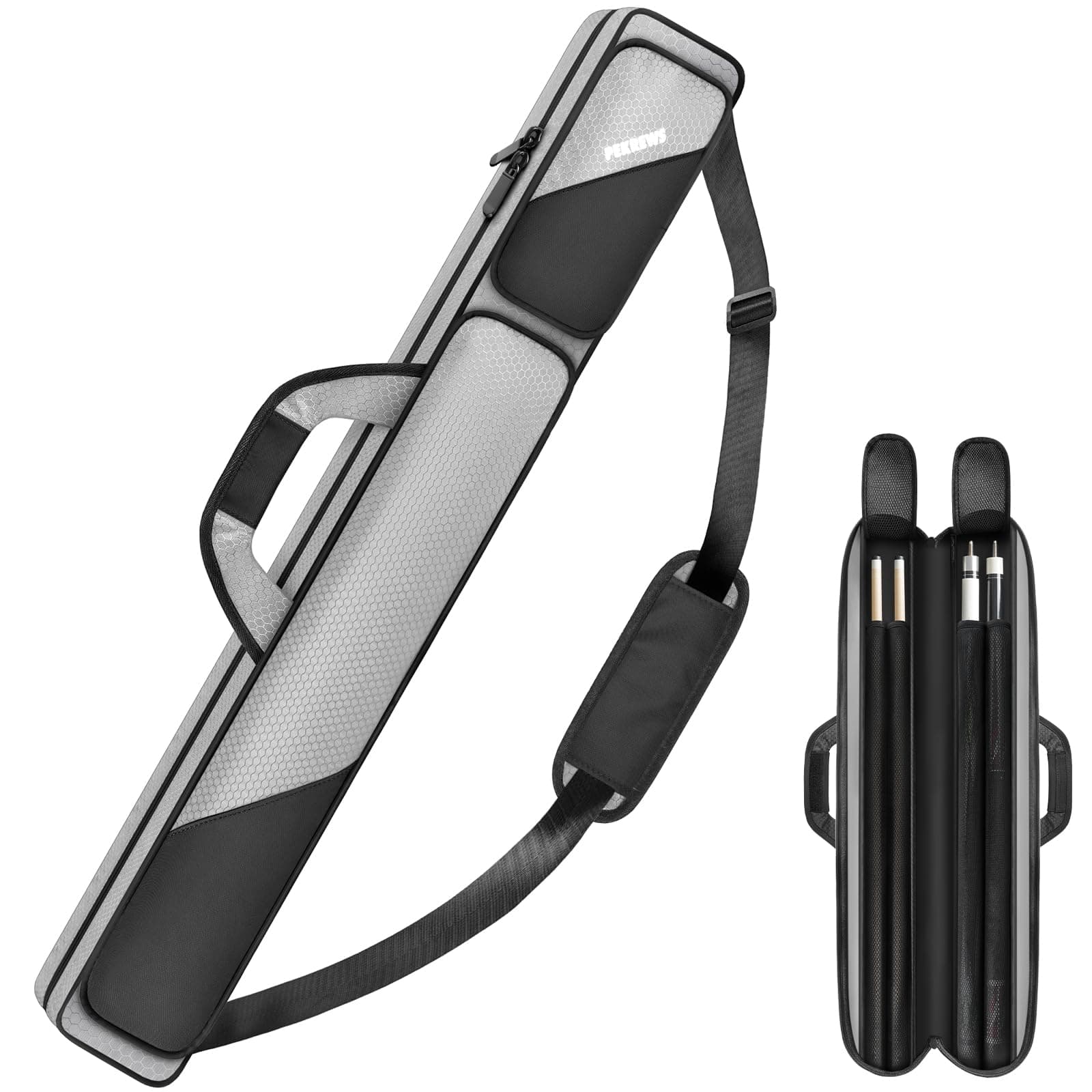 Pool Cue Case, Pool Stick Case 2x2 Holds 2 Sticks with 2 Accessory Zipper Pockets, Sturdy Polyester Pool Cue Carry Bag with Shoulder Strap Handle, Soft Billiard Cue Sling Bag for Men and Women