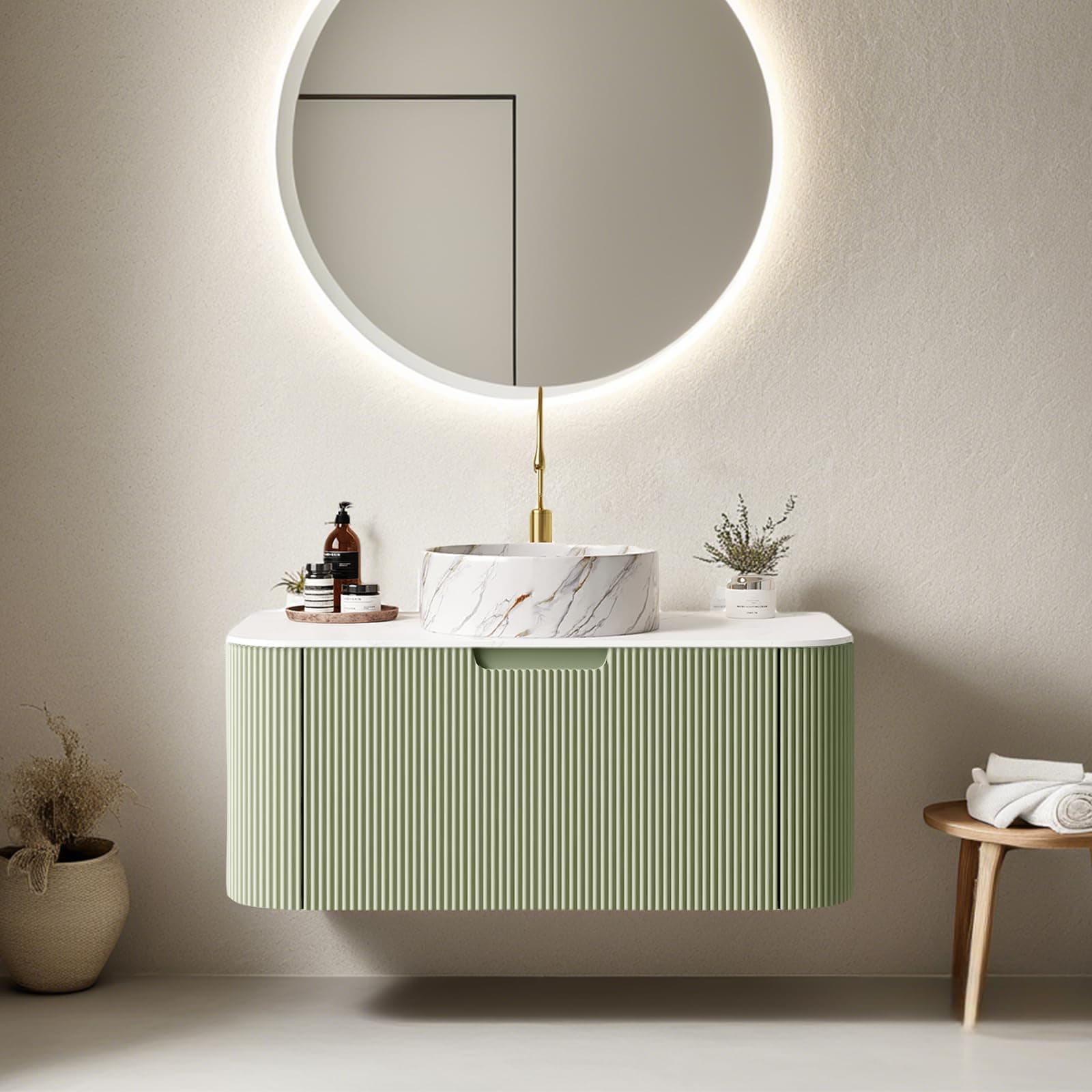 36" Floating Bathroom Vanity with Sink, Wall Mounted Bathroom Vanities with Ultra-Thin Marble Sink and Top, Large Drawer for Ample Storage Space and No Assembly Required, Light Green