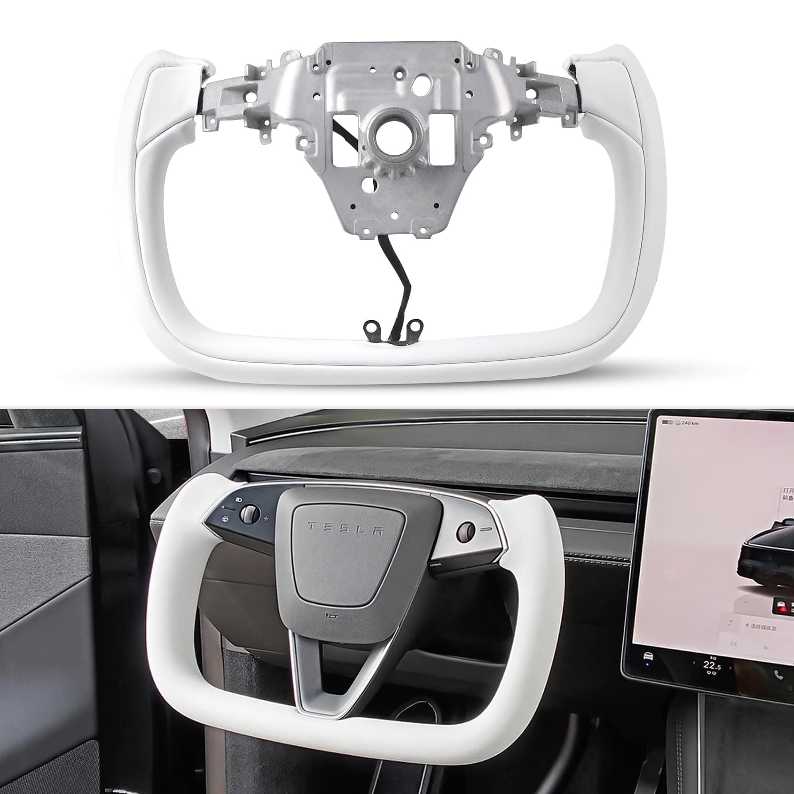 Yoke Steering Wheel Personalized for Tesla Model Y Juniper 2025, Nappa Leather for Tesla Model Y Accessories With Heating Function No Front Trim (White Nappa, Glossy Carbon Fiber)