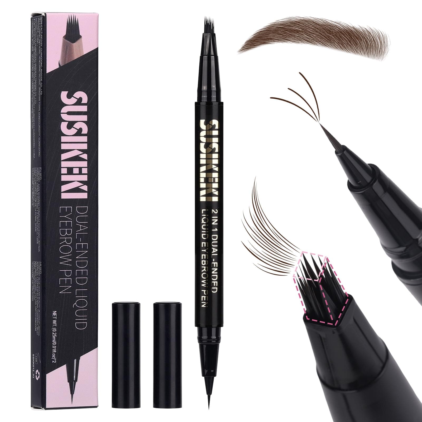 SUSIKEKI Dual Ended Microblading Eyebrow Pen - 2 in 1 Liquid Eyebrow Pencil with Brow-Fection Angled Brush & Precise Detail Brush-Tip, Shapes & Fills Hair-Like Brows, Lasts All-Day, Black Brown