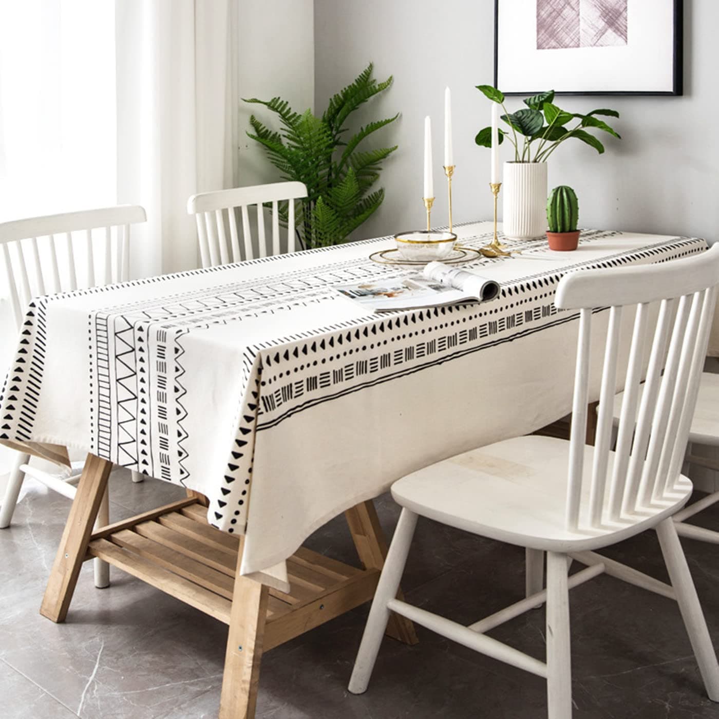 NA Cotton Linen Boho Geometric Rectangle Tablecloth, Heavy Duty Fabric Wrinkle Free Table Cover Cloth for Kitchen Dinning Tabletop Decoration, (,Rectangle - 55" x 86")