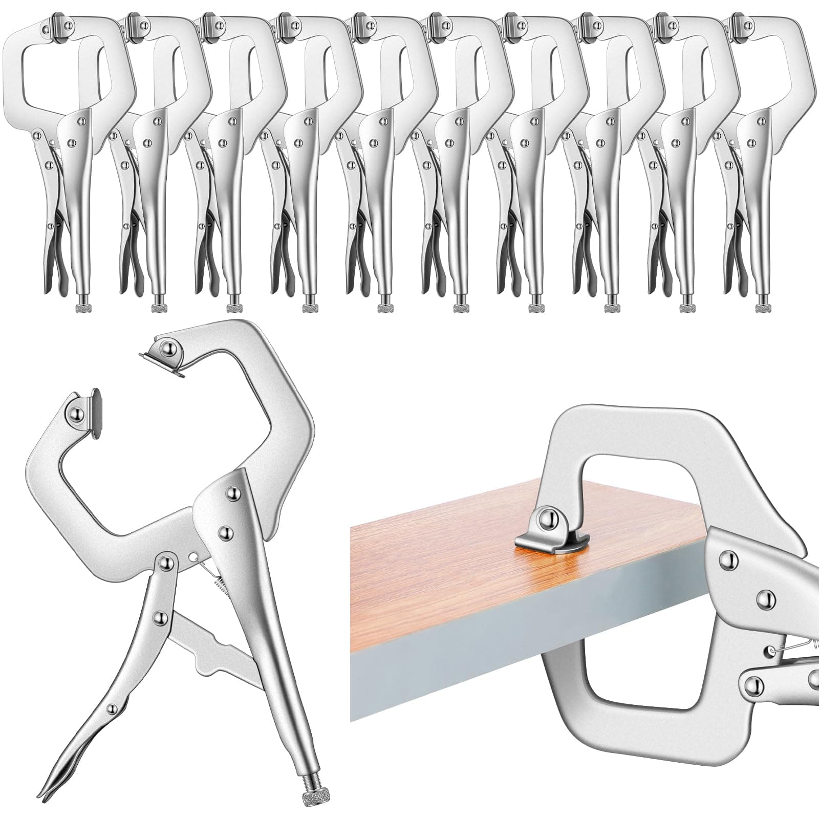 Yexiya 10 Pcs Locking C Clamp, Locking Pliers Adjustable Welding Clamp with Regular Tip and Swivel Pad for Shop Home Farm and Auto Workshop Woodworking, Cabinetry, Repair (6 Inch)