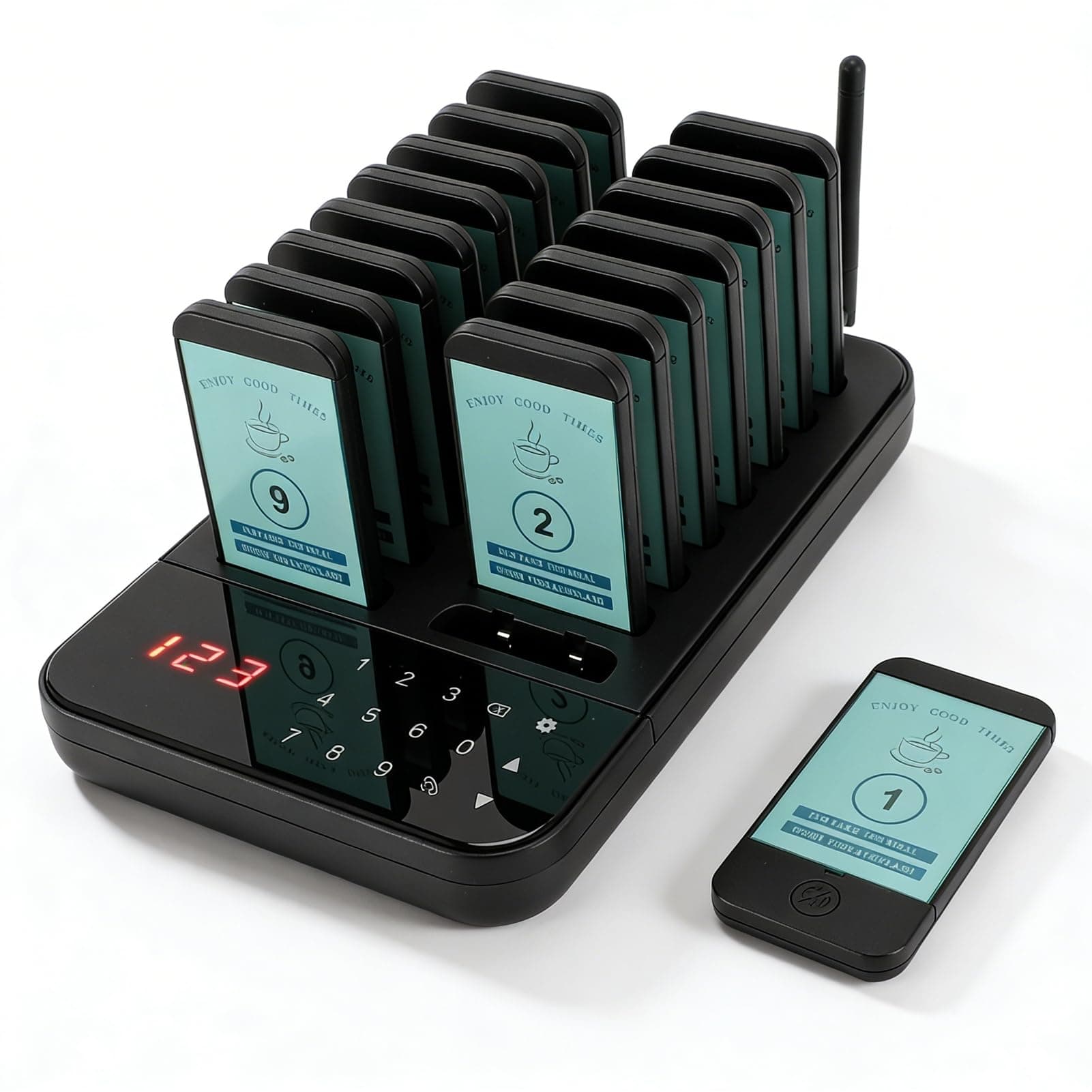 Bewinner Restaurant Pager System, 16 Buzzers, Wireless Calling Guest, Vibration Flashing, 500m Range, for Food Truck, Bars, Food Court