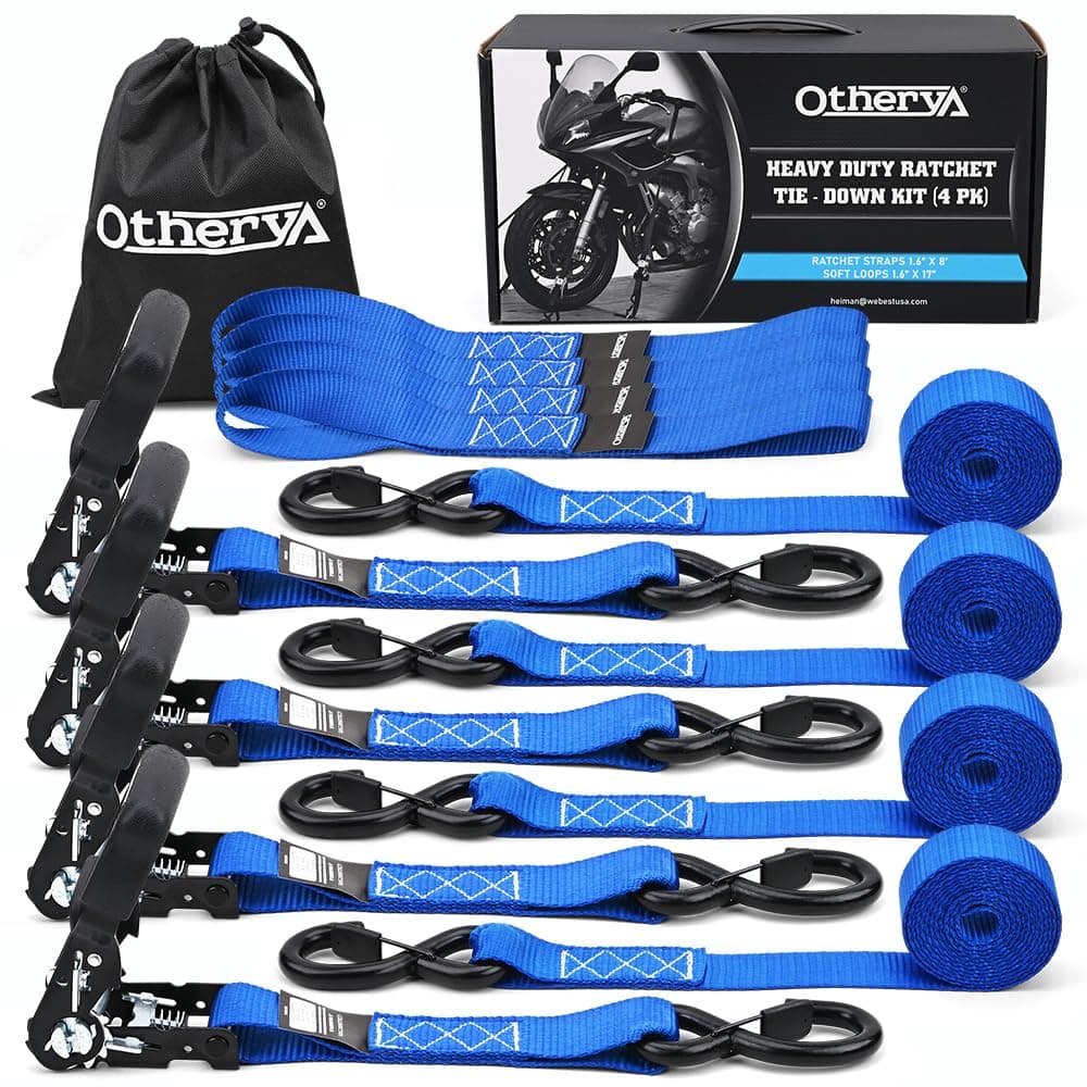 - TIE Down Strap Ratchet Tie Down Straps - 1.6" x 8 ft 5208 Lb Break Strength - Cargo Straps for Securing Motorcycle, Kayak, Truck, Trailer and Boat Lawn Equipment- Includes 4 Soft Loops（Blue）
