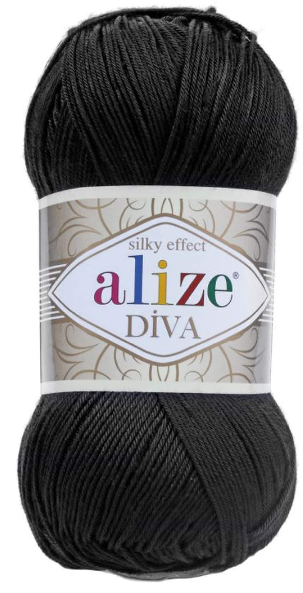 Alize Diva Silk Effect 100% Microfiber Acrylic Yarn 1 Ball Skein 100gr 383 Yards Color (60-Black)