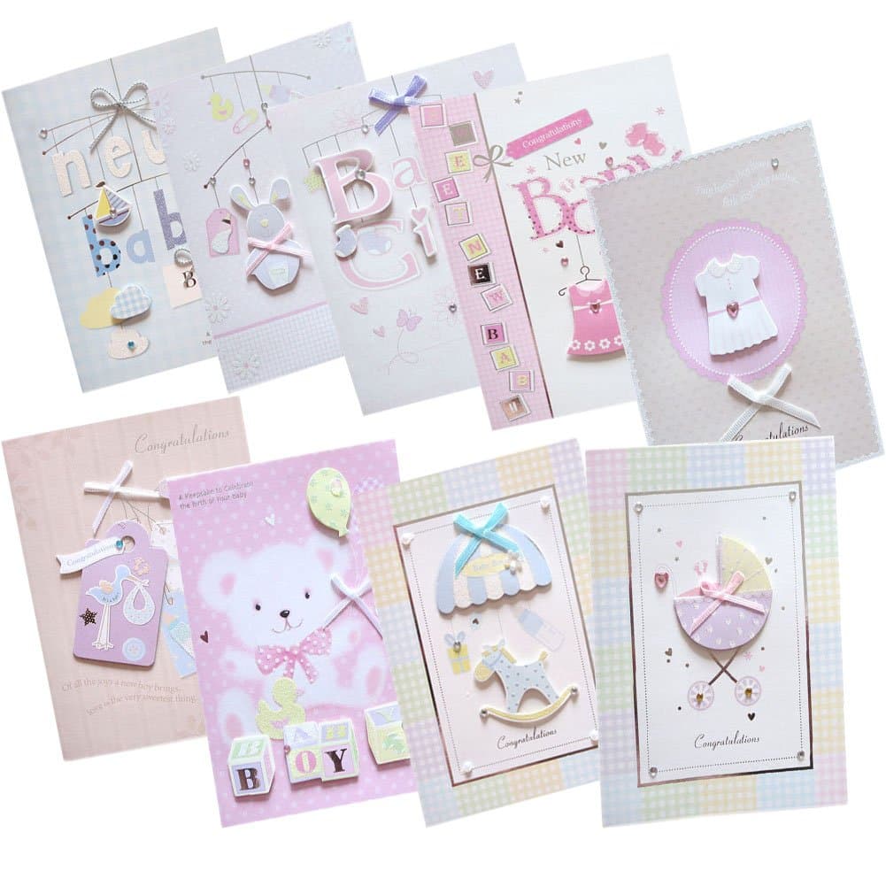 Easting Assorted Congratulations Wishes for Baby Cards Box Set 10 Pcs Handmade Embellished Assortment Greeting Cards for Boy or Girl Birth