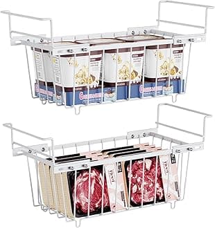 iSPECLE 2 Pack Freezer Organiser - Small Hanging Baskets for 198L Chest Freezer Add Space Storage Wire Baskets Easy to Sort and Get Foods from Bottom with Expandable Handles, White