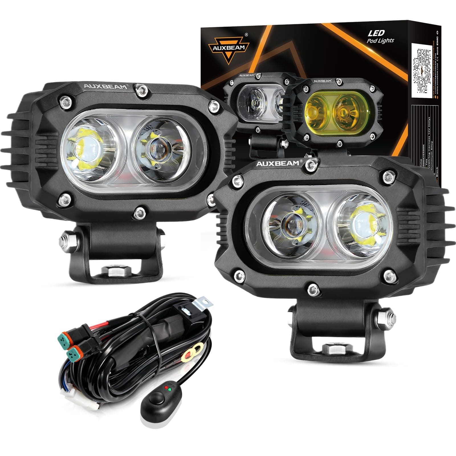 4 Inch LED Pod, Square Pod Light with 5050 LED White Flood Beam Offroad Driving Fog Light with Wiring Harness for Jeep Wrangler Truck Pickup SUV ATV UTV (2 Pcs)