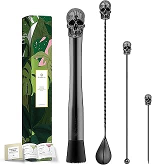 Homestia 10" Skull Bar Muddler for Cocktails, Stainless Steel Black Drink Muddler for Home Bar Tool Set, Fruit Crusher Lemon Smasher for Drinks with Nylon Head