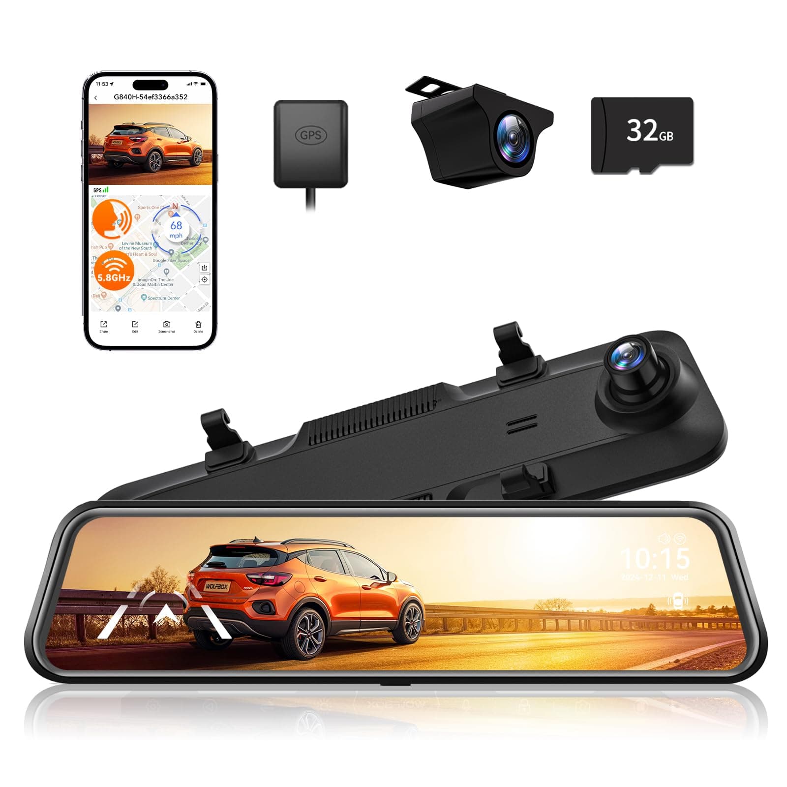 WOLFBOX 12" Mirror Dash Cam with WiFi 2.5K Rear View Mirror Camera with 1080P Rear Camera WiFi Mirror Drive Recorder Front and Rear 32GB Card & GPS