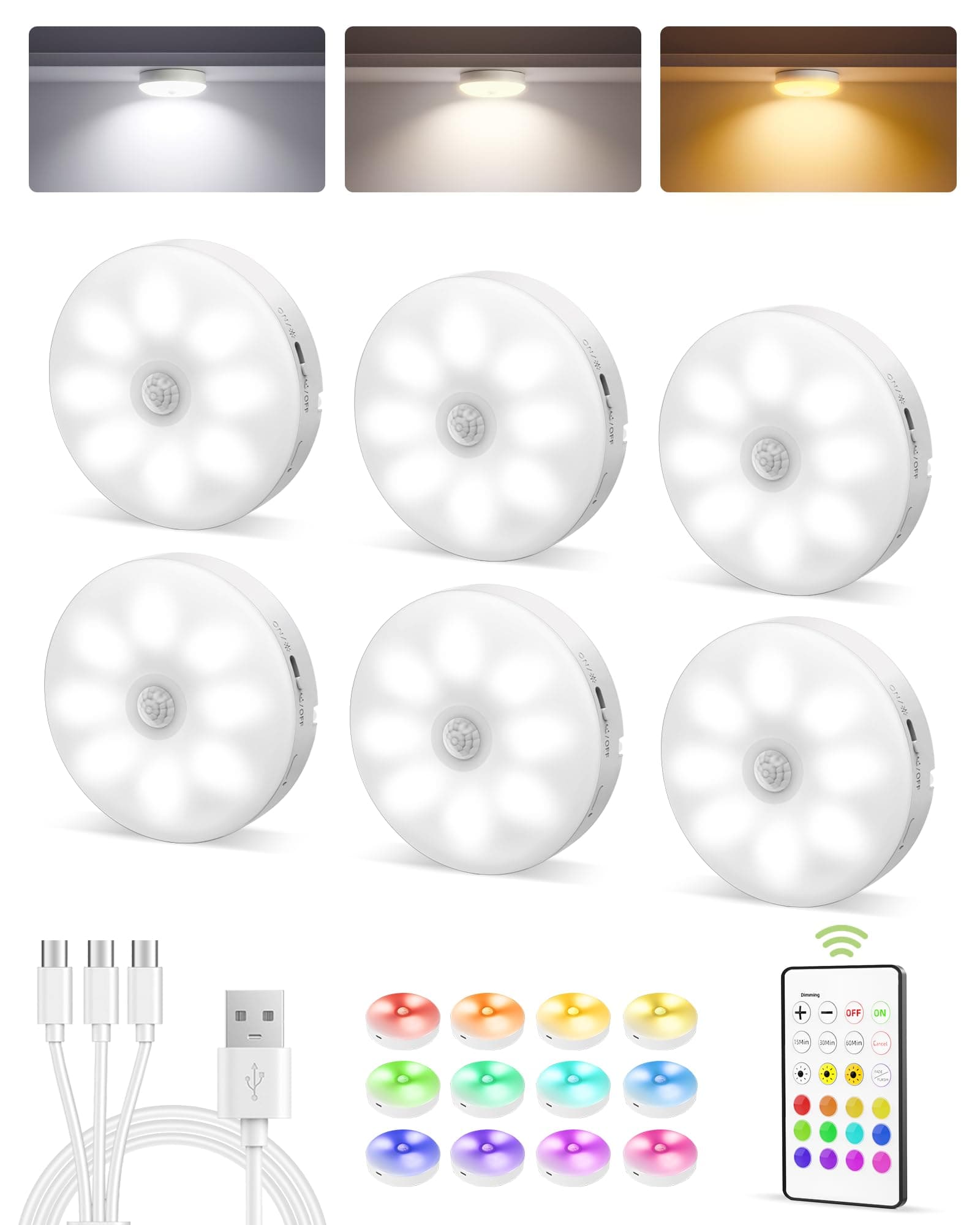 EZVALO 6-Pack Under Cabinet Lighting, Rechargeable Motion Sensor Puck Light with Remote, 3 Color Temps &12 RGB Colors, Magnetic Stick on Light, Dimmable Under Counter Light for Kitchen, Home Decor