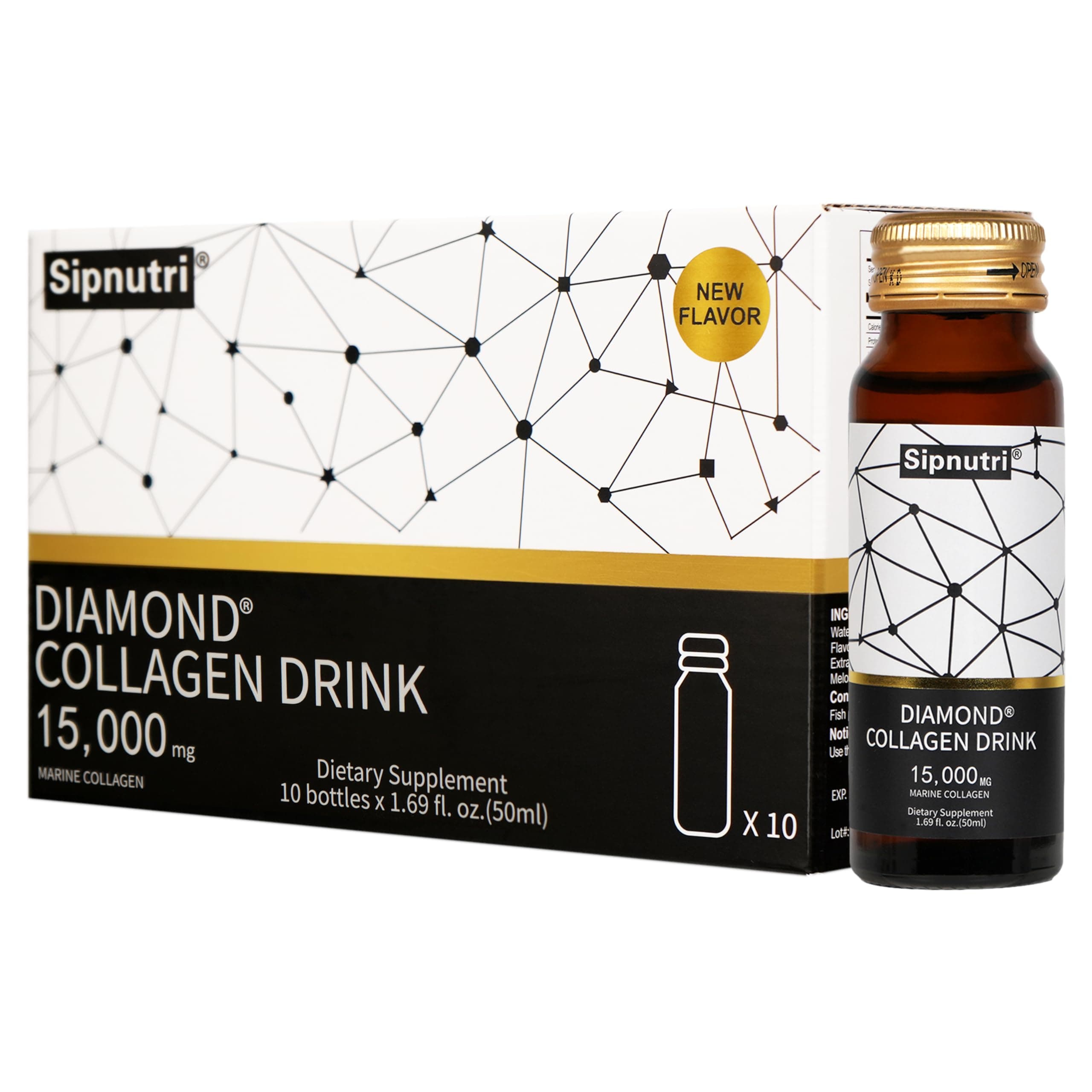 Diamond Marine Collagen Drink, Gift for Mom, 15000mg Hydrolyzed Collagen Peptides with Vitamin C, Pomegranate, Healthy Hair Skin Nails Joints Bones Support, 50 ml x 10 Bottles
