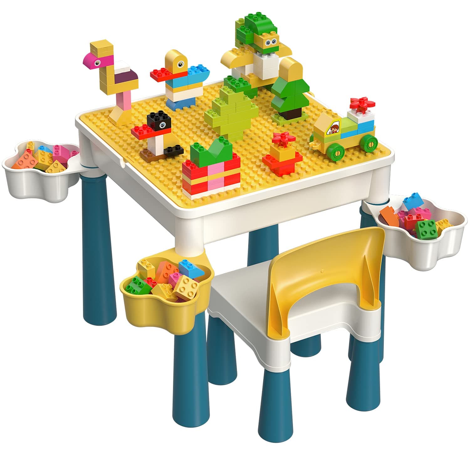 5-in-1 Toddler Table and Chair Set with 128PCS Building Blocks, Kids Activity Table Flip Top for Art, Sand & Water Play, Leak-Proof Design, Includes 1 Sturdy Chair, ASTM Certified, Gift for Ages 2-4