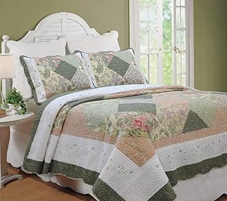Cozy Line Home Fashions Floral Real Patchwork Olive Green Pink Scalloped Edge Country 100% Cotton Quilt Bedding Set, Reversible Coverlet Bedspread (Williamsburg, Queen - 3 Piece)