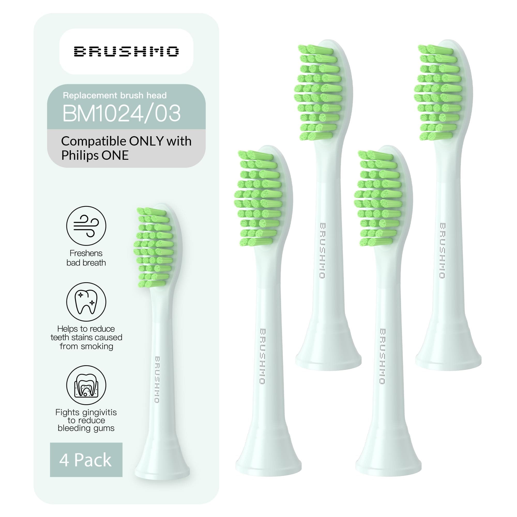 Replacement Toothbrush Heads, Compatible with Philips One for Sonicare Electric Toothbrush Handles HY1022, 4 Standard Heads with Tongue Cleaner, Soft Dupont Bristles, BM124m, Mint Light Blue